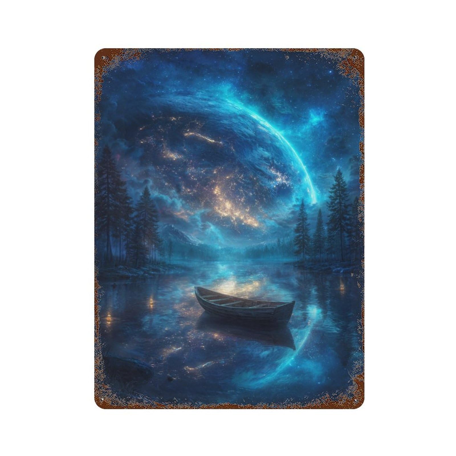 Galactic Serenity Cosmic Lake Scene Rusty Metal Tin Sign 15.7"x11.8", Vintage Wall Decor for Garage, Pub Or Kitchen