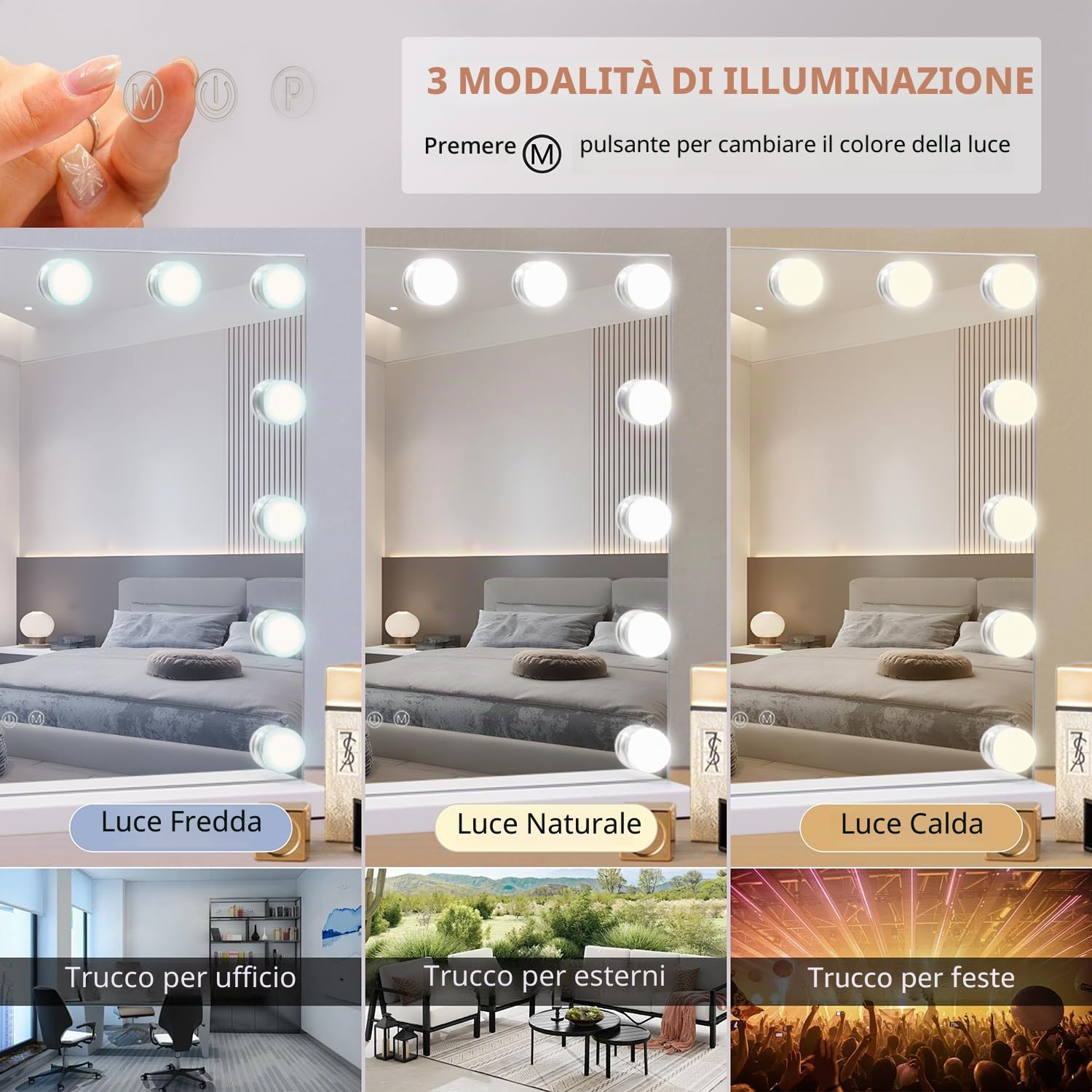 Rugiacation Hollywood - Specchio cosmetico illuminato, 50x40 cm, 14 lampadine dimmerabili, 3 modalità colore, controllo touch screen, da tavolo o da parete