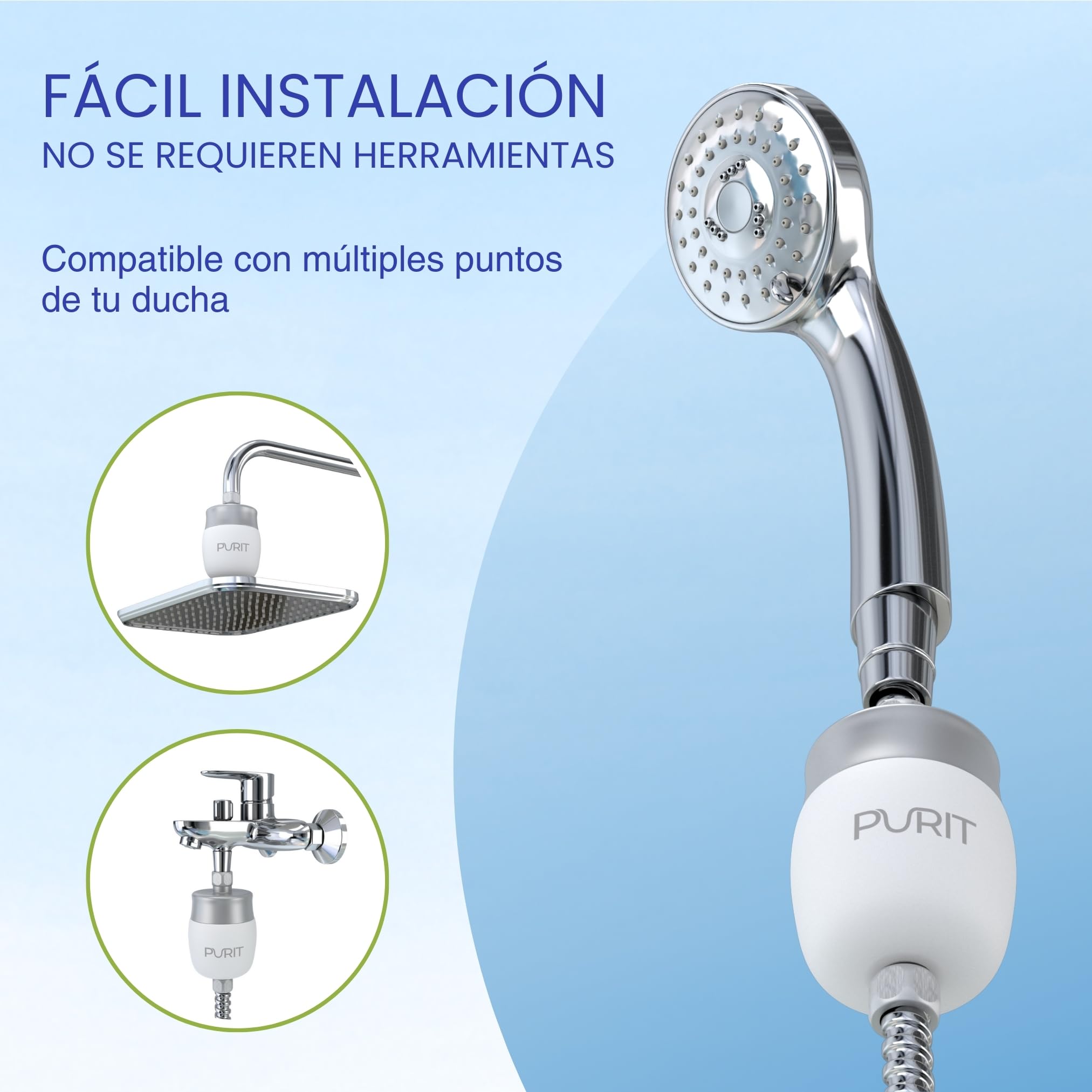 Purit Filtro de Ducha Antical - Compatibilidad Universal - Filtra el 99,99% de las Impurezas - Ideal para Pieles y Cabellos Delicados