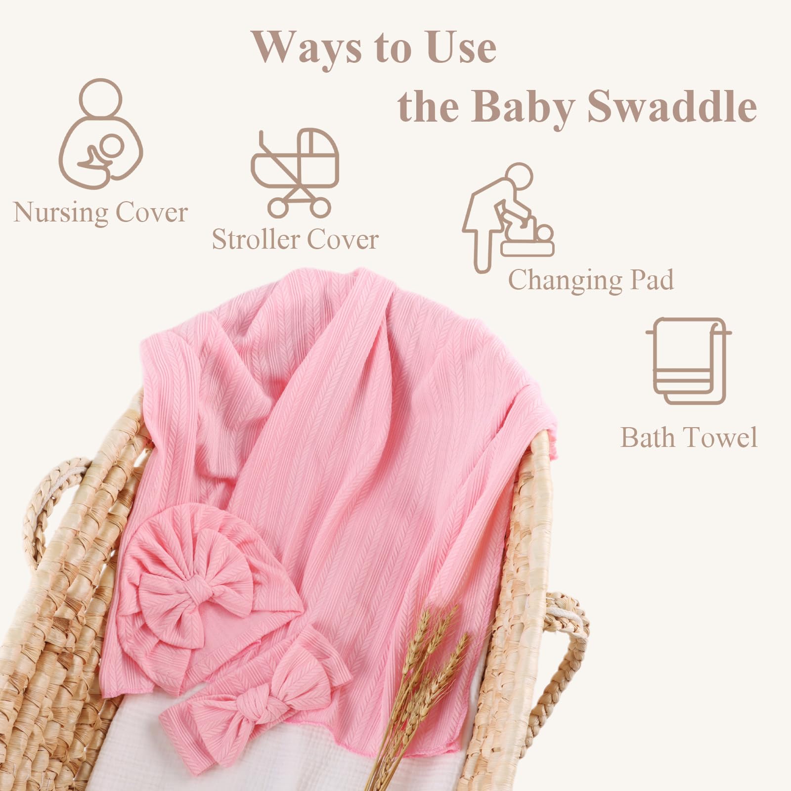 MniJiza Newborn Swaddle Blanket Baby Girls Receiving Blankets with Headband Beanie Hat Set Soft Nursery Swaddle Wrap (Light Pink) - Image 3