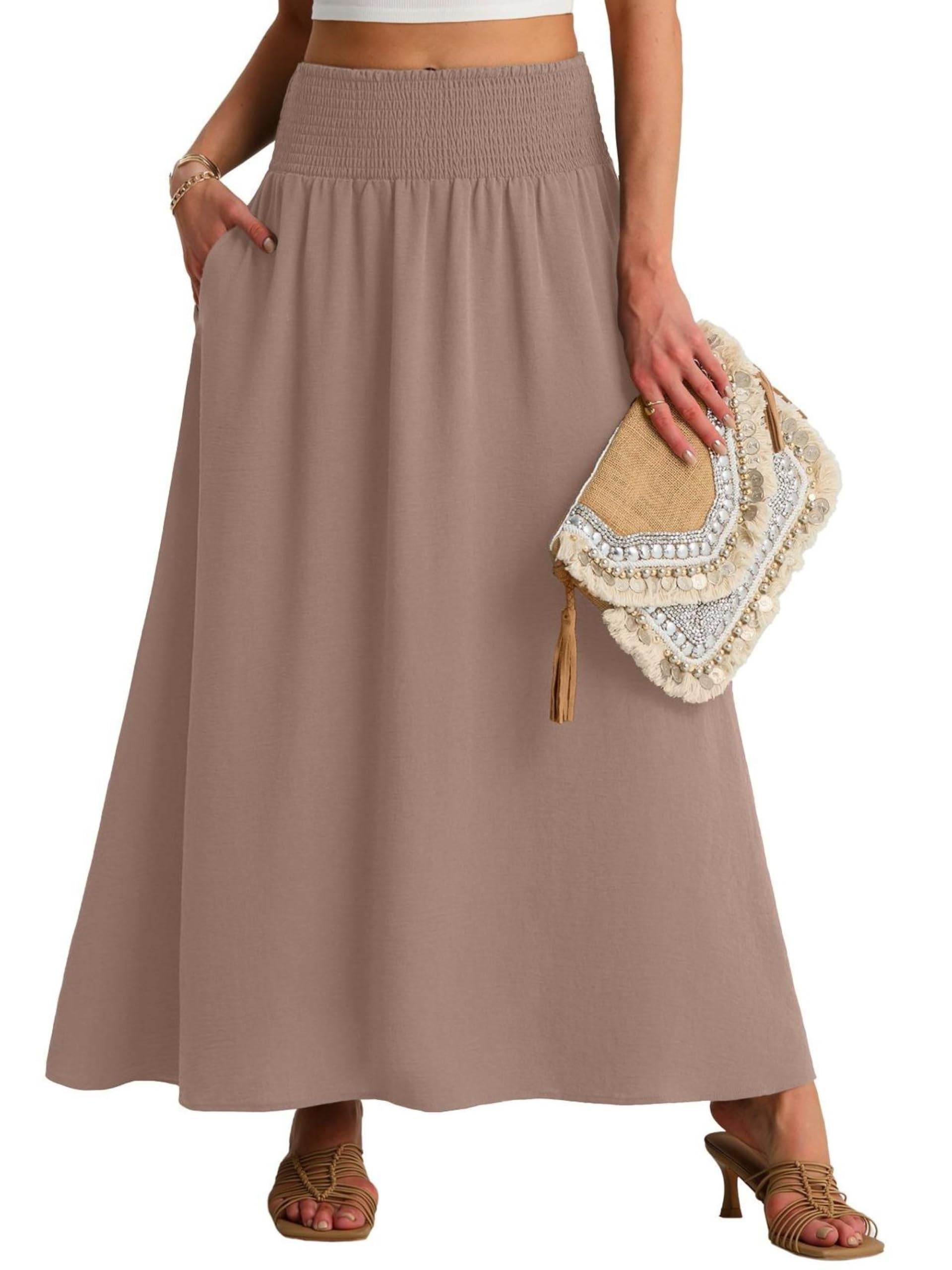 QIXING Damen Sommerrock Lang A-Linie Smocked Hohe Taille Swing Plisseerock mit Taschen Boho Maxirock