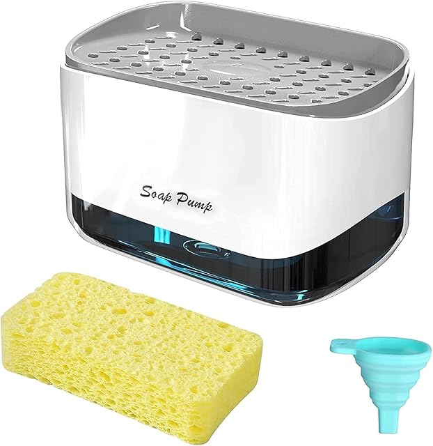 Dish Soap Dispenser with Sponge Holder - Newest 2 in 1 Countertop Washing Liquid Hand Pump Detergent Soap Daddy Dispenses for Kitchen Sink Caddy Organiser Tidy