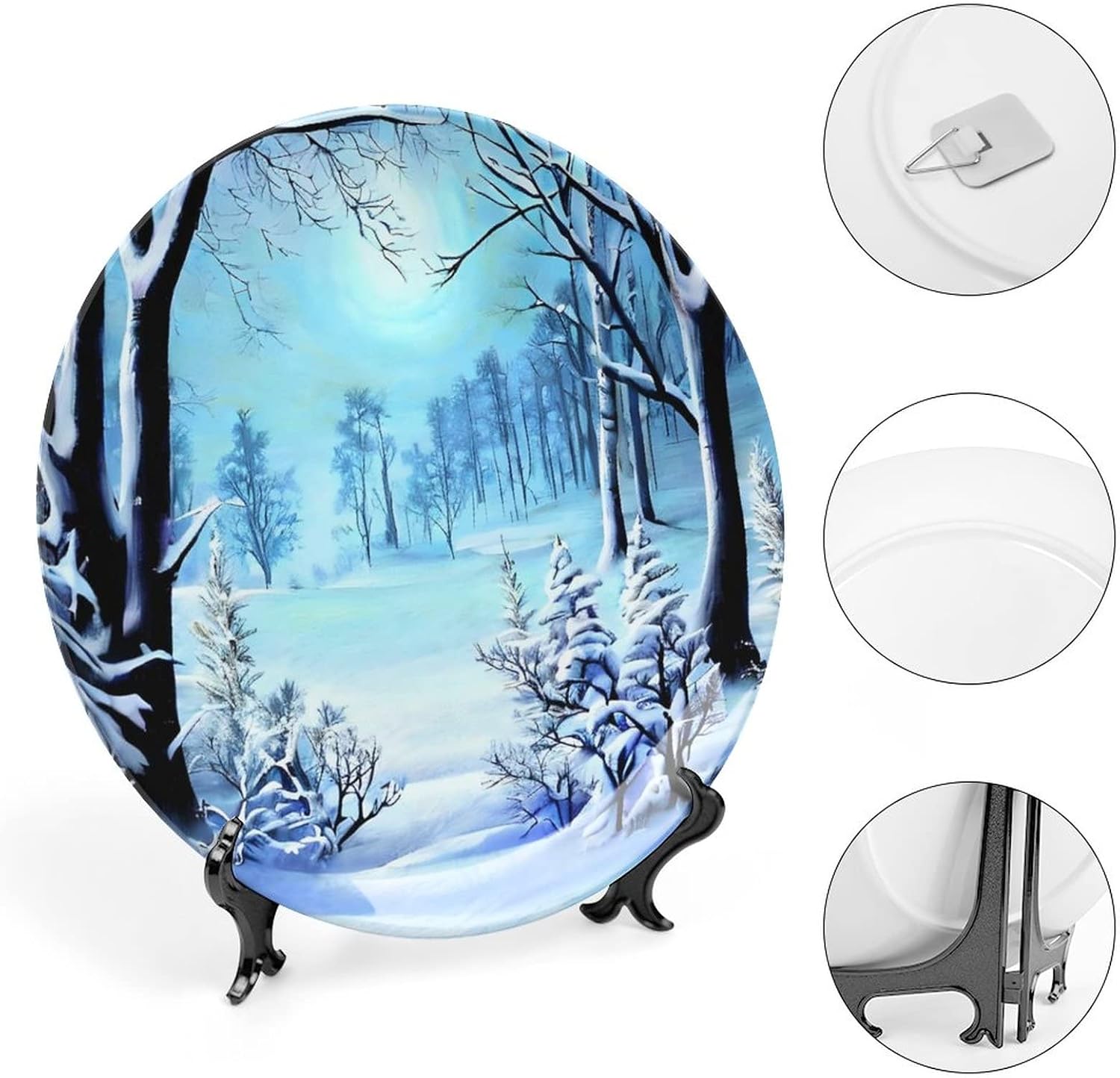 Decorative Plates for Home Decor, Winter Snowy Forest Painting Decor Tray for Table Display, Ceramic Dinner Plate w/Stand, Living Room Dining Room Decor, Housewarming Gifts, 6 Inch