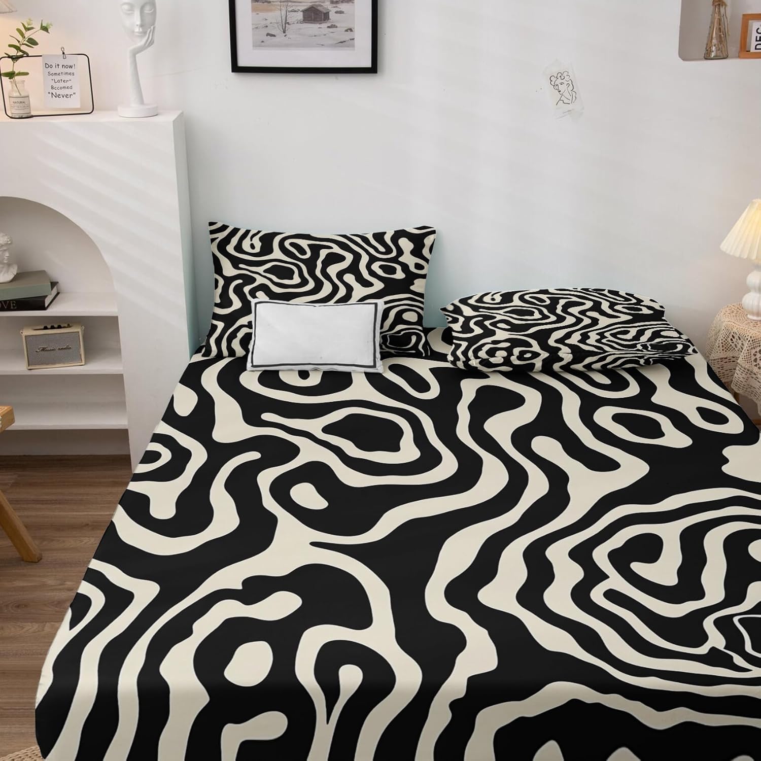 Abstract Sheets Queen Size, Black and White Bed Sheets, Patterned Bedding Sheets & Pillowcases 4 Piece Set - Soft Microfiber Deep Pocket Fitted Sheet & Flat Sheet & 2 Pillow Cases M&-A279