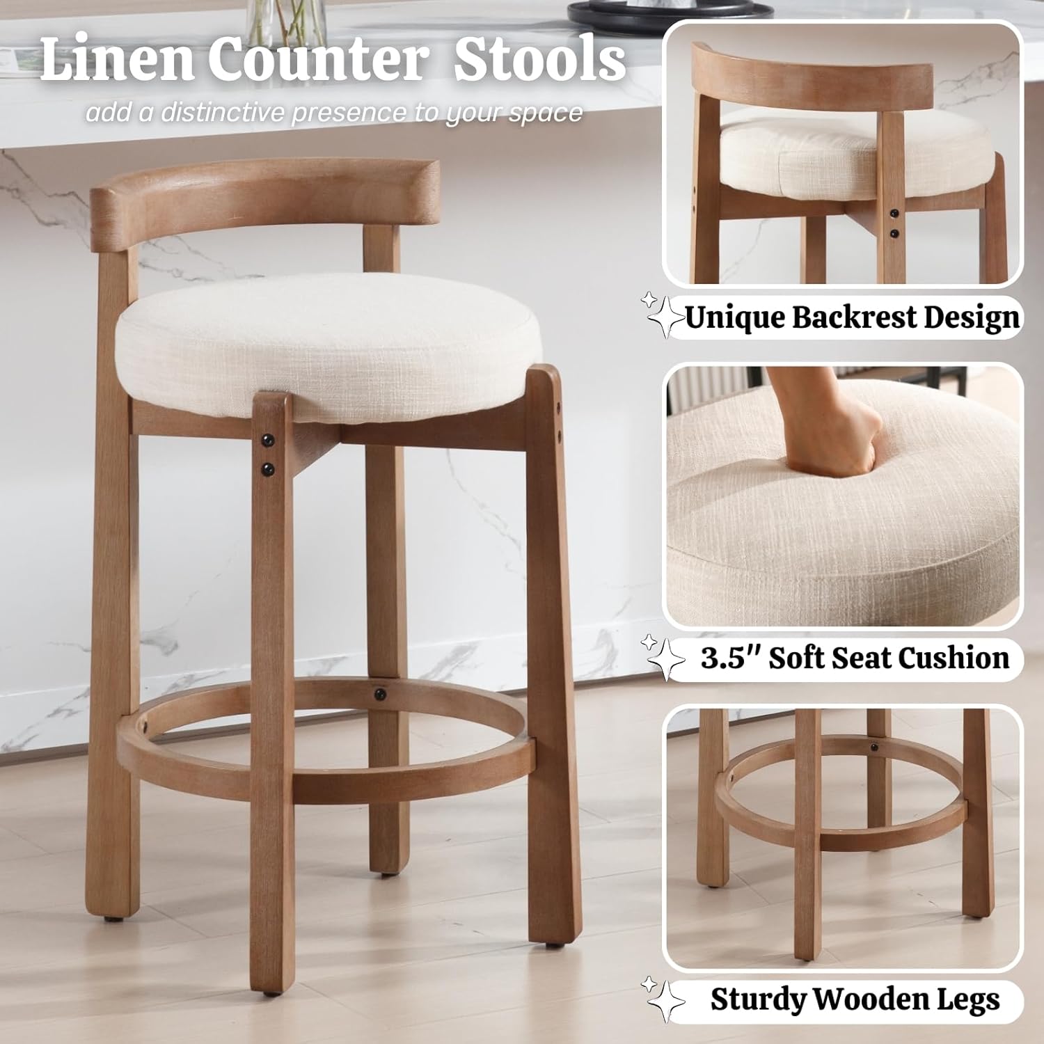 HEAH-YO Bar Stools Set of 2, 26.5" Counter Height Stools with Low Back, Beige — Mid Century Modern Style, Linen Fabric Seat, Solid Wood Legs, Ideal for Kitchen & Dining Room