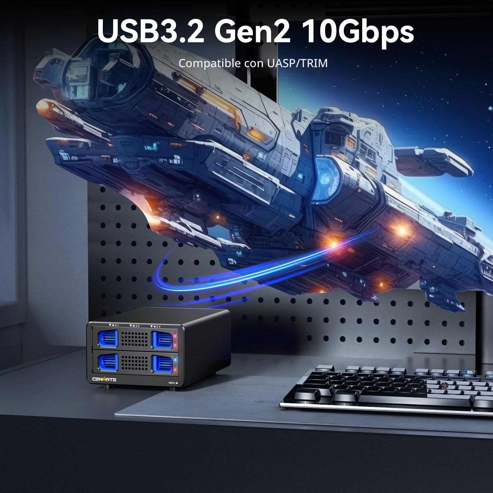 Carcasa NVMe Híbrida 3.5 HDD+3*M.2 con Ventilador para 2.5/3.5" SATA HDD/SSD, Carcasa Disco Duro USB3.2 Gen2 10Gbps Soporta 2230/42/60/80/110 SSD con 46TB de Capacidad(22TB HDD+3*8TB M.2 SSD)