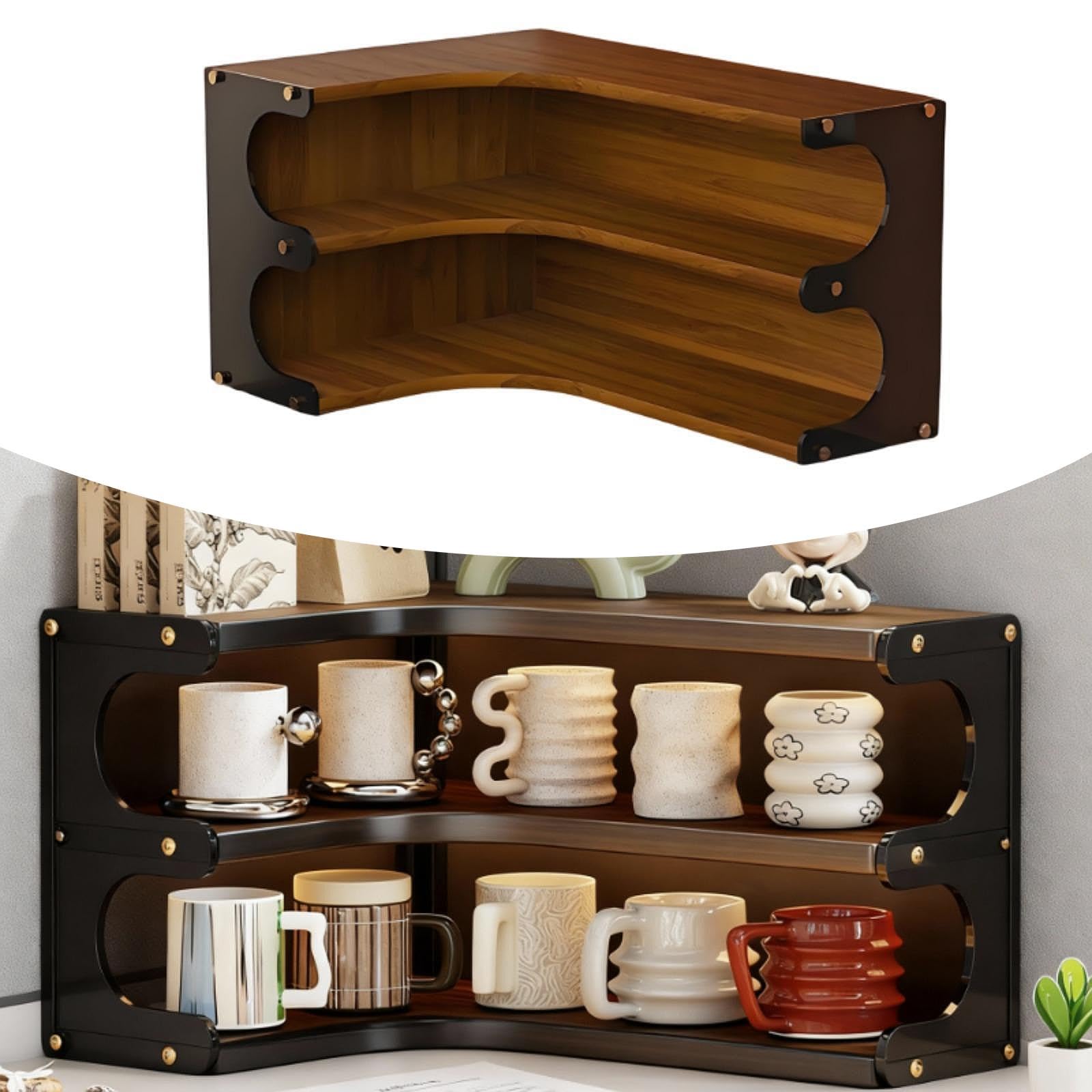 Scaffale angolare in legno di noce, scaffale portaoggetti a 2 ripiani per cucina, dispensa, ristorante e sala da pranzo a casa, design salvaspazio