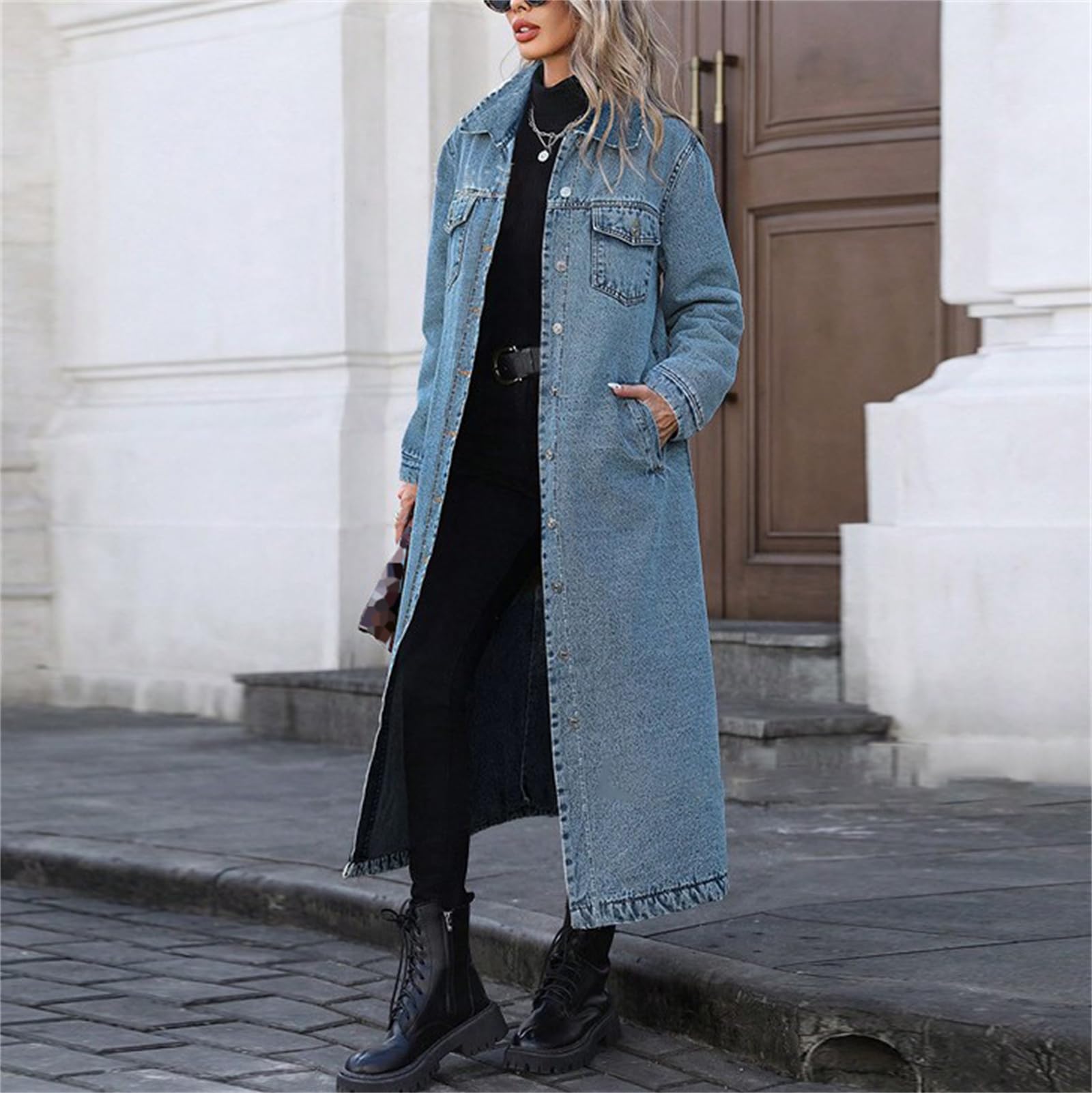 Trench Dżinsowy Długi Damski Klapa Guziki Kurtka Denim Luźna Oversize, Niebieski, S | Wiatroodporny dżins z praktycznymi kieszeniami bocznymi. Łatwe dopasowanie do innych ubrań. Com, idealny do pracy