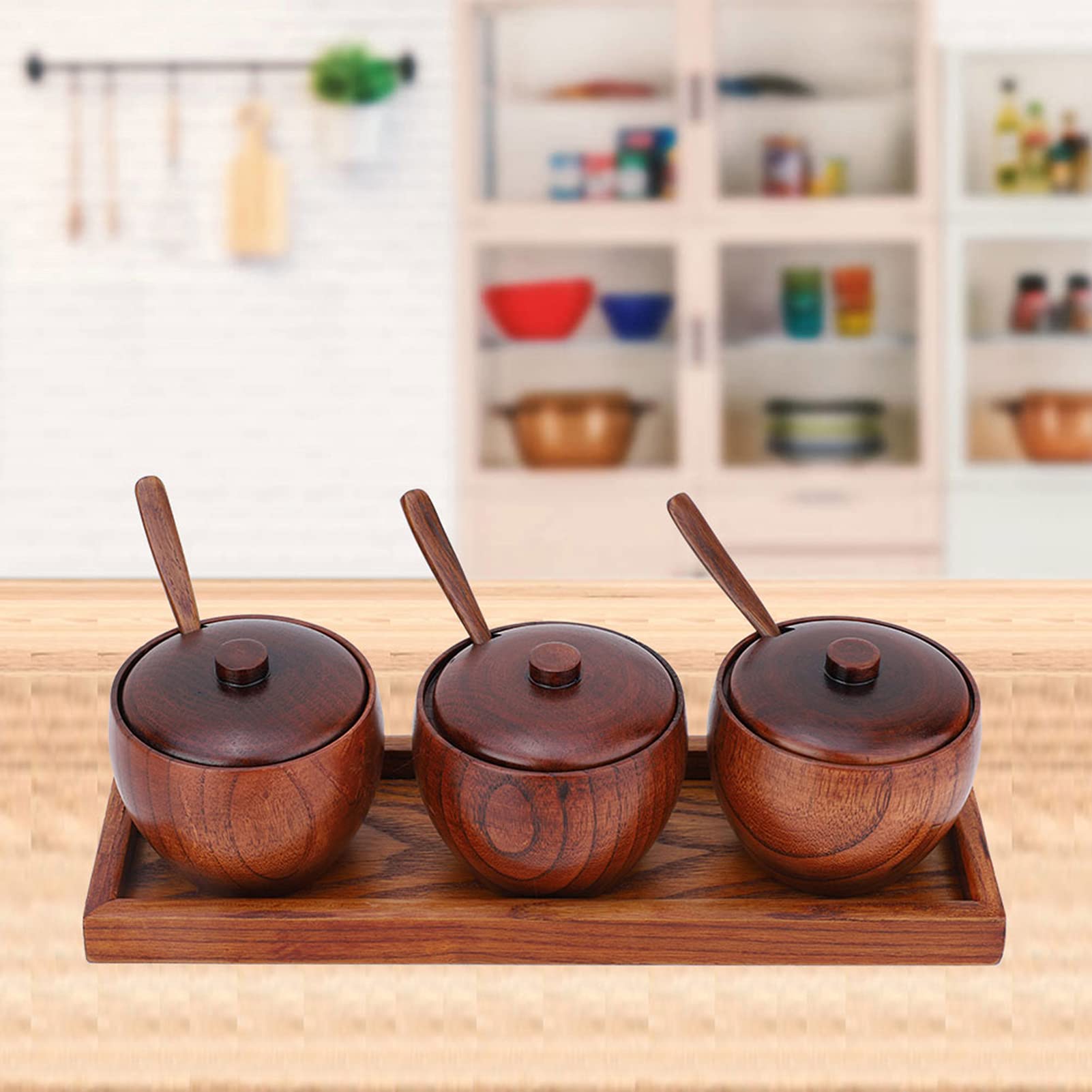 Set Barattolo di Spezie Retrò in Legno con Coperchio E Cucchiaio, Condimento Zuccheriera Strumento da Cucina Ideale Per Caffè, Zucchero, Condimenti Materiale in Legno, con 3 Barattoli, Cucchiai