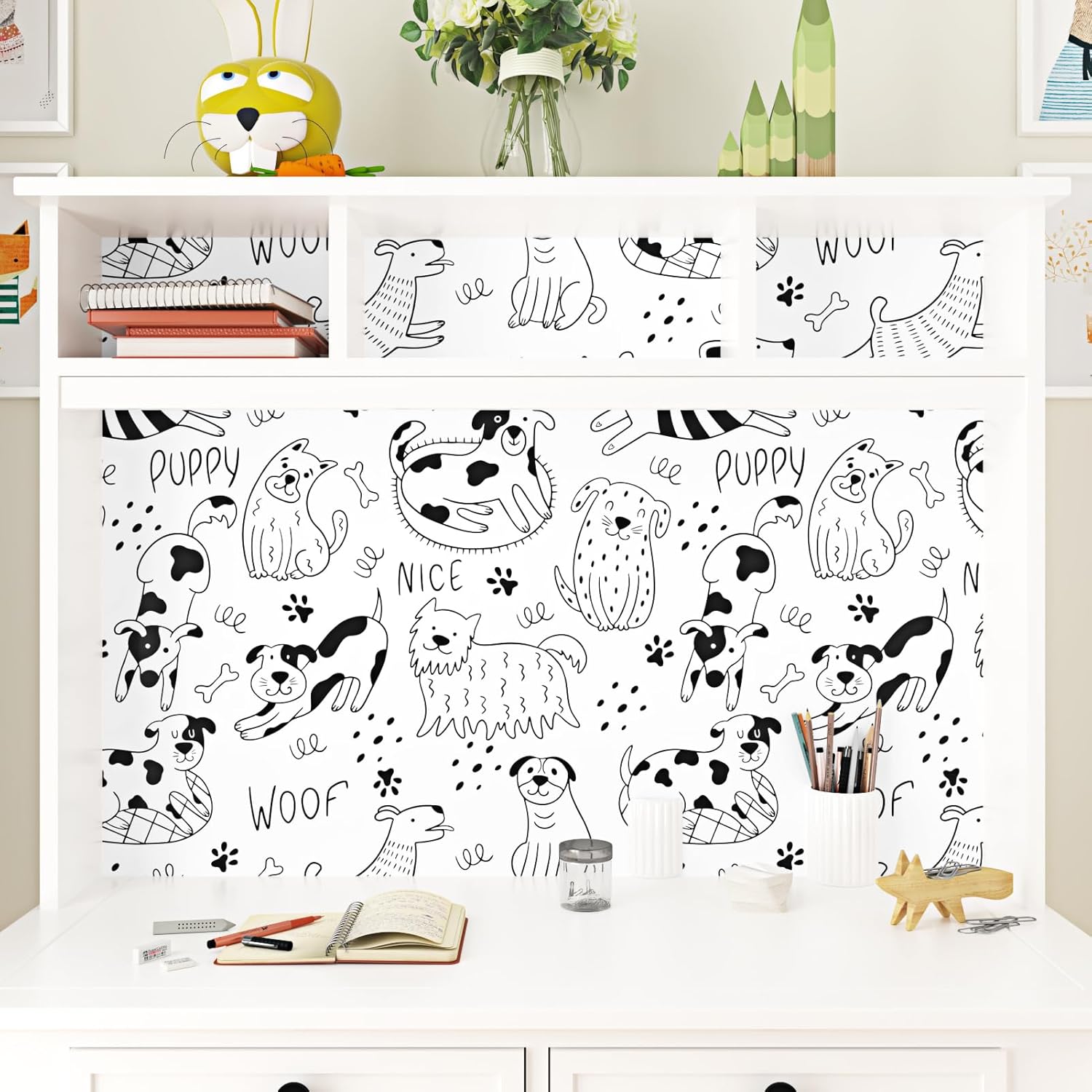 Black and White Dog Wallpaper Peel and Stick White Contact Paper Animal Nursery Wallpaper Fun Puppy Self Adhesive Contact Paper for Walls Kids Room Bedroom Cabinet Liner Dog Decor 17.5"x102"