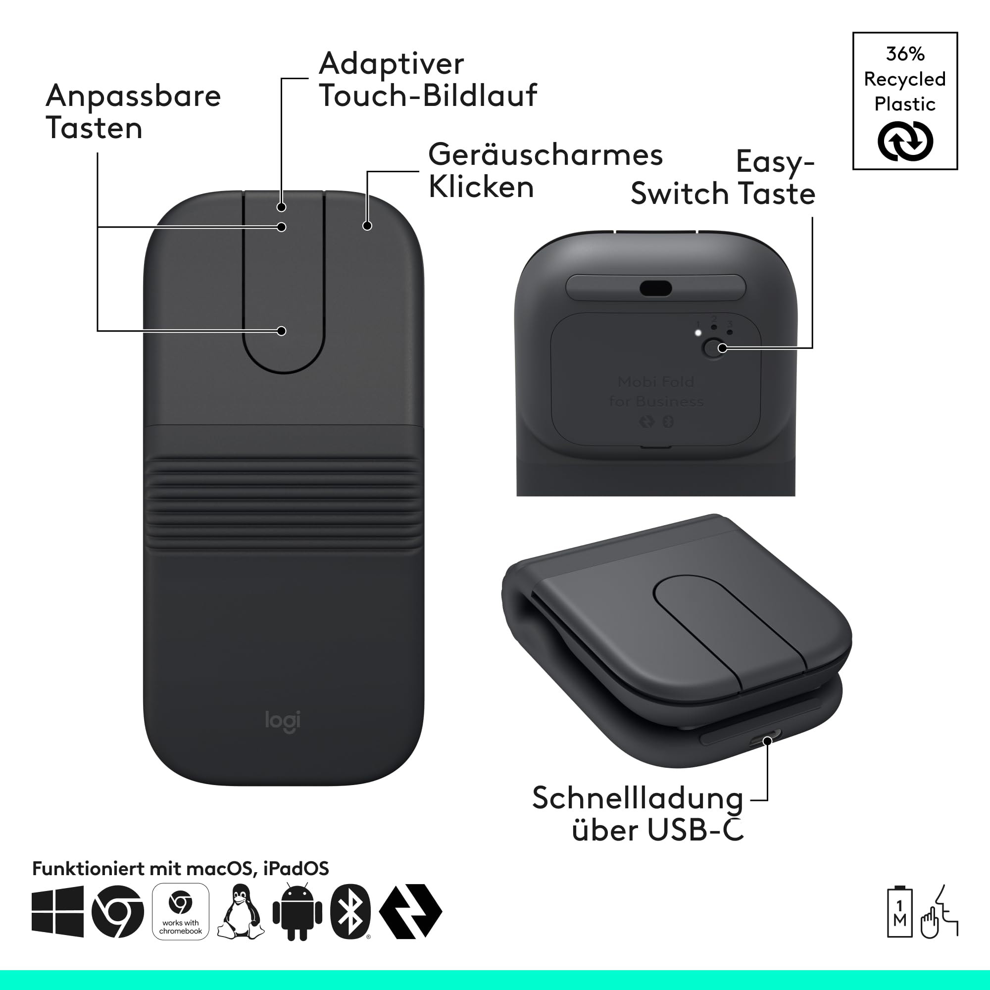 Logitech Mobi Fold for Business, Faltbare kabellose Maus mit Touch-Scroll, leisen Klicks, 4K DPI, Logi Bolt Empfänger, Bluetooth, Fast Pair, Works with Chromebook, PC, Mac - Graphit
