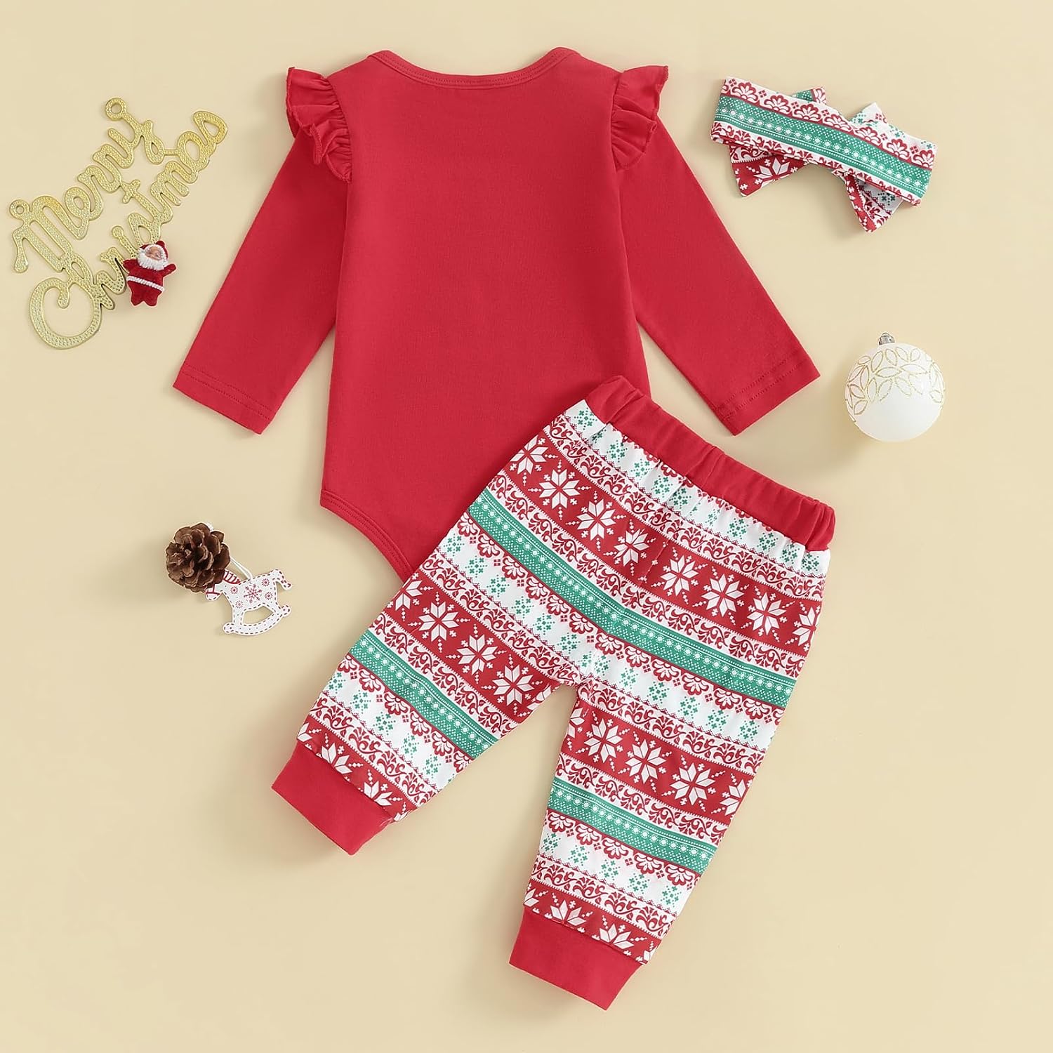 My First Christmas Baby Girl Boy Outfit Long Sleeve Romper Onesie Top+Pants+Headband Fall Winter Clothes