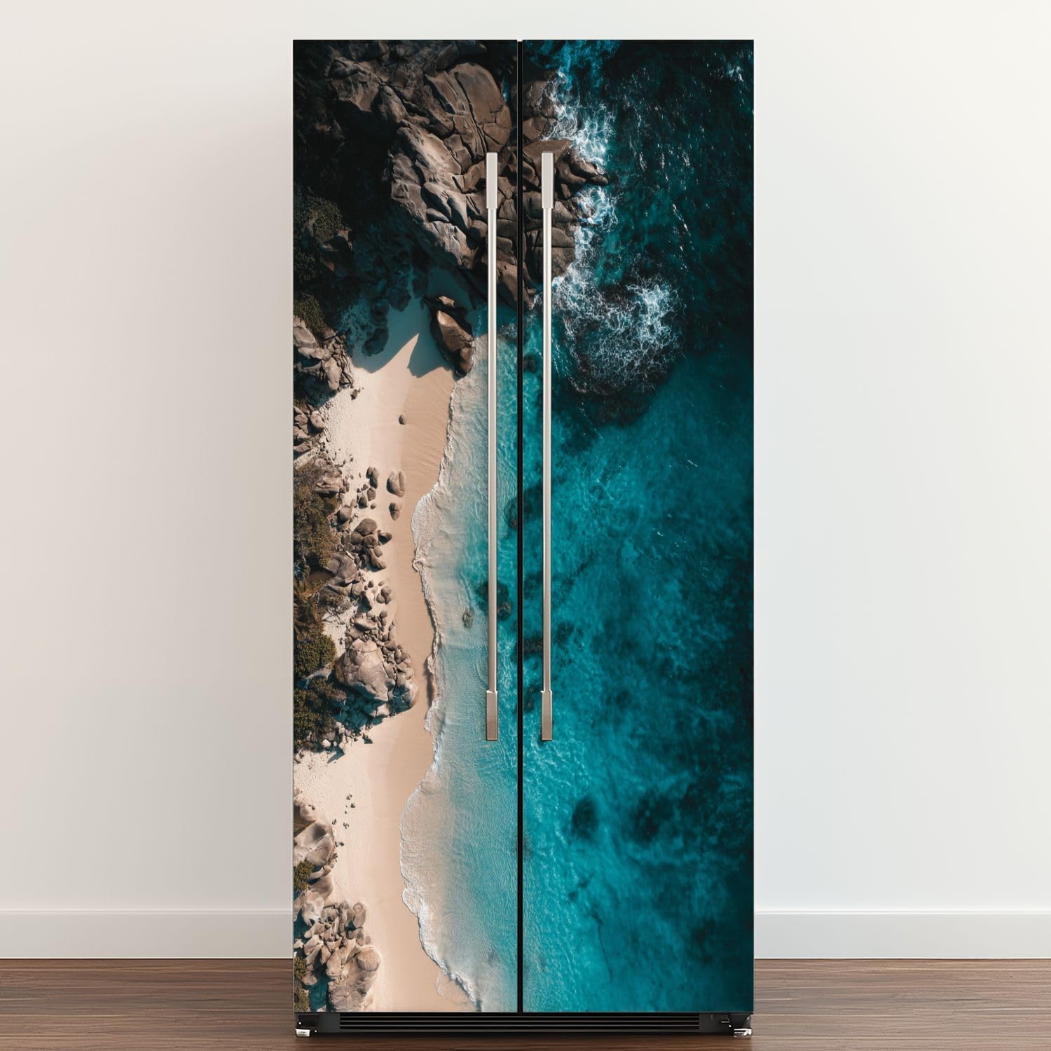Self Adhesive Vinyl Refrigerator Wrap Wide Angle Coastal Print Shells Starfish Reflections Door Mural Sticker Peel and Stick Removable Door Cover Fridge Wrap Decal for Kitchen Decor