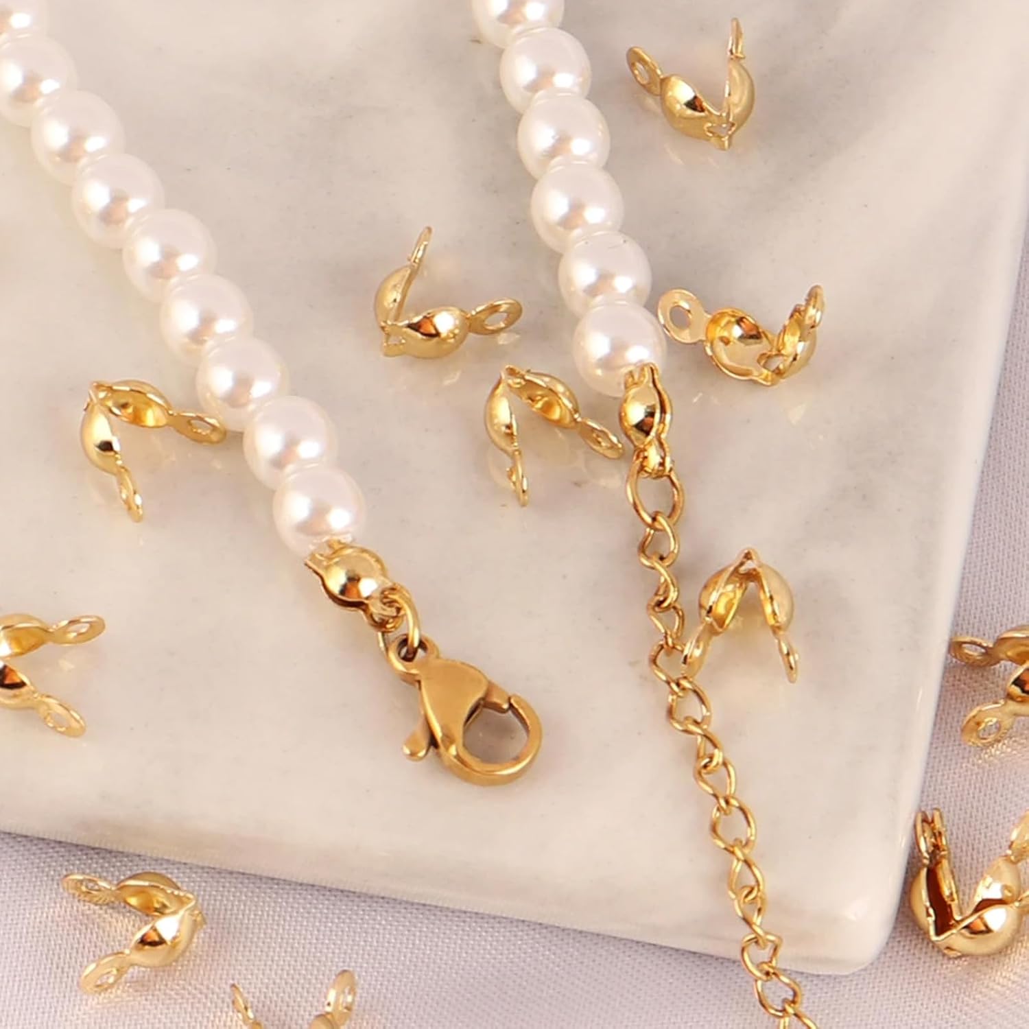 200 Pcs 18K Gold Crimp Beads for Jewelry Making, 4mm Open Bead Knot Covers Clamshell Crimp Beads Tips End Caps for DIY Bracelets Necklaces Crafting - Image 5