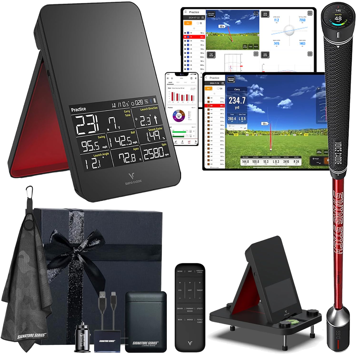 Voice Caddie SC4 PRO Golf Launch Monitor and Simulator with SS10 Swing Trainer - 8 Data Parameters, 5 E6 Simulation Courses, Track Swing Speed and Carry Distance - Signature Series Gift Bundle