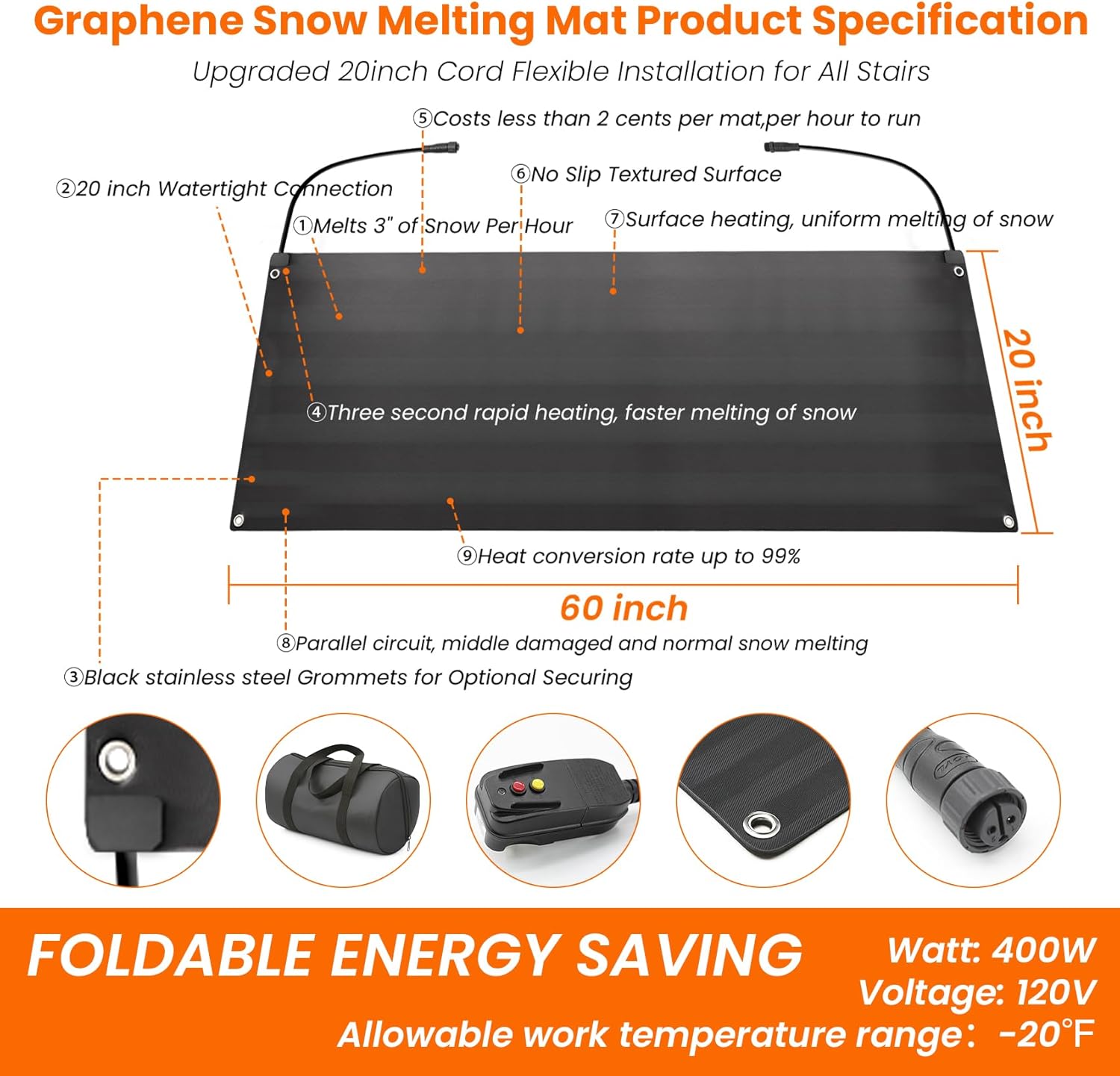 Graphene Snow Melting Mats for Stairs,Non-Slip Rubber Heated Walkway Mat,Fast Ice Melt 3 in/h,Safe & Energy Saving with Extended 50cm Cord,20"x60" with Plug