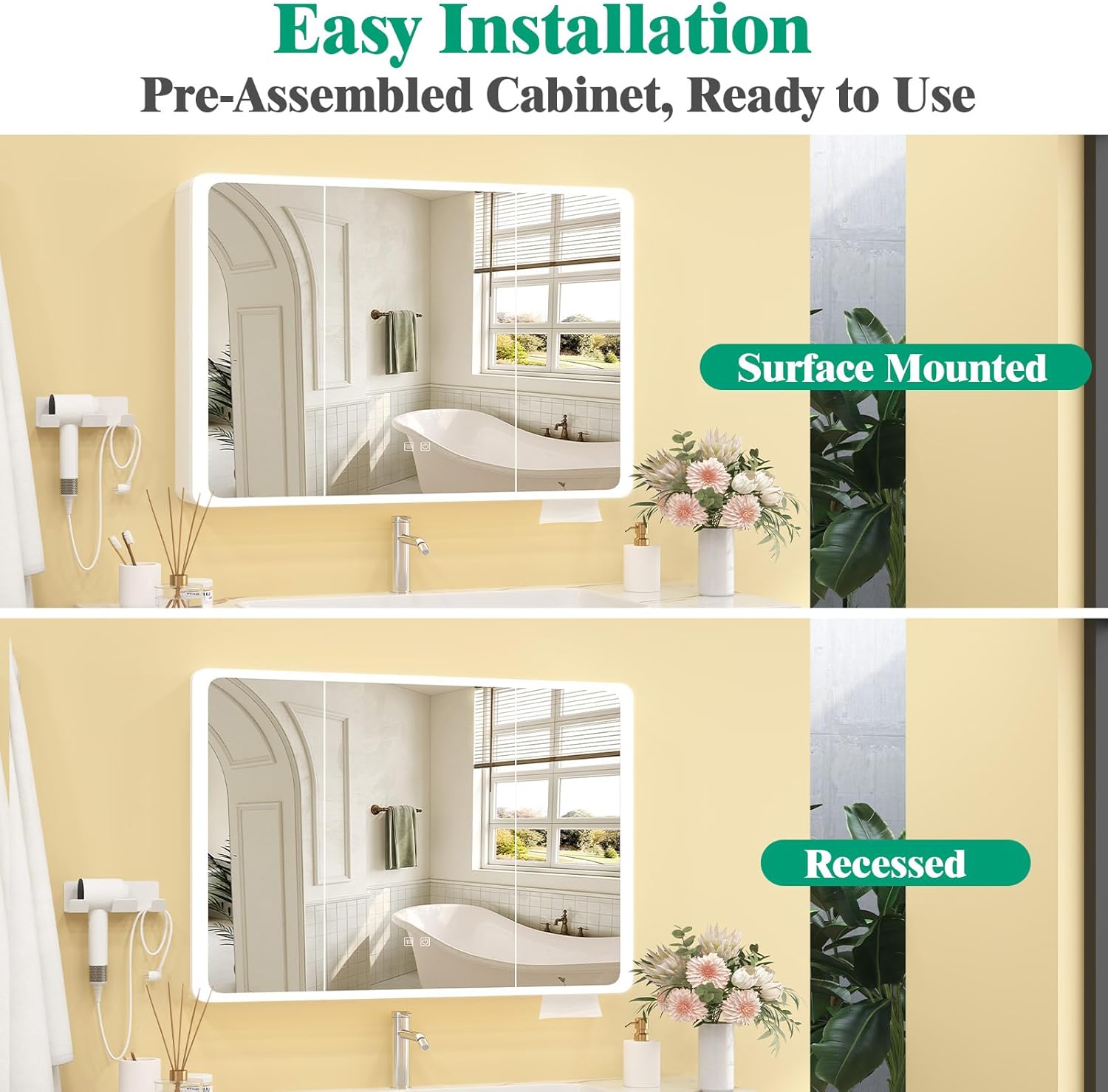 JBLCC Medicine Cabinet with Lights, 35.4''x27.56'' LED Lighted Bathroom Mirror with Storage, Smart Anti-Fog, 3-Door Aluminum Wall Mounted or Recessed Medicine Cabinet, White (Full Assembled)