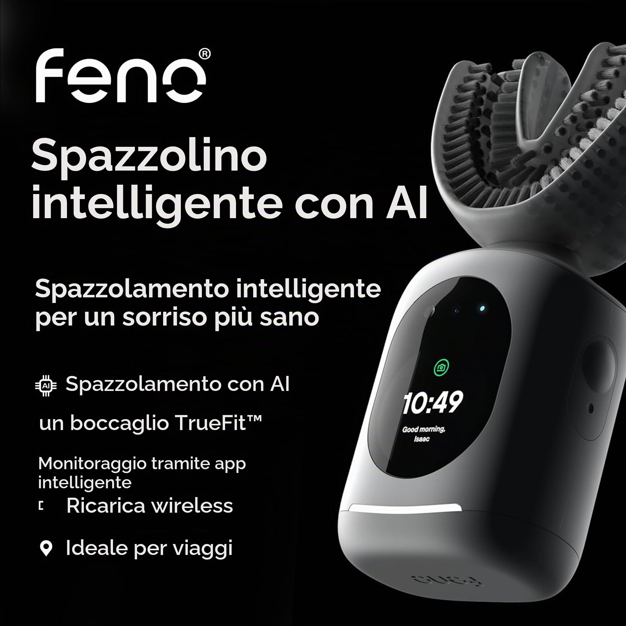 Feno Smartbrush Spazzolino Elettrico Oscillante AI-Powered con App e Boccaglio Personalizzato, Pulizia Profonda 20 Secondi Ricaricabile