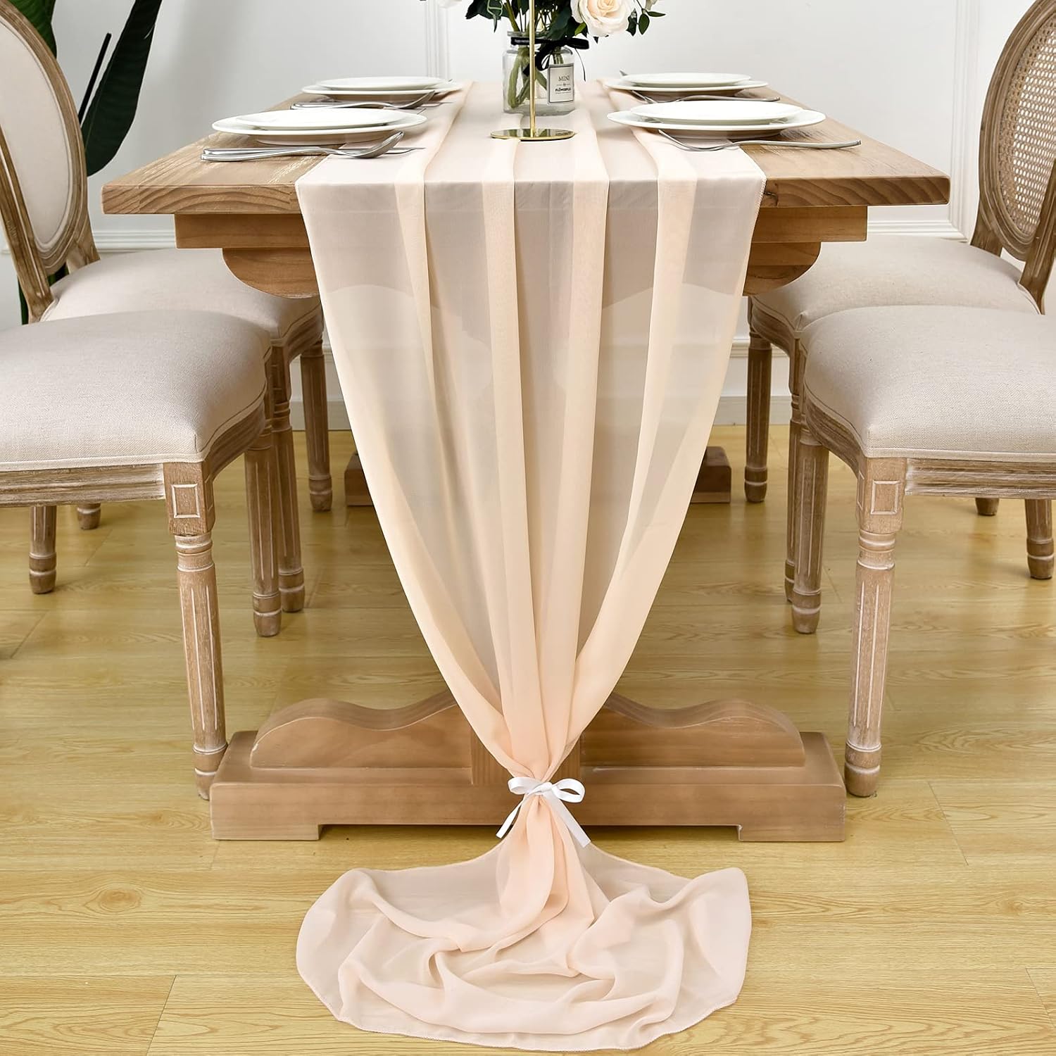 DOLOPL 2 Pack Peach Chiffon Table Runner 10ft Sheer Wedding Table Runner 29x120 Inches Romantic Tulle Table Runner for Wedding Decor Birthday Party Bridal Baby Shower Table Decoration