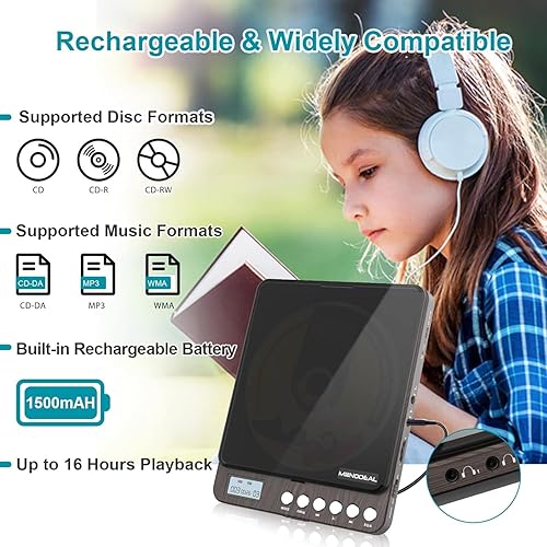 Miniatura 4 de CD Player Portable, MONODEAL Portable Rechargeable Player with Dual Headphones Jack, Small Anti-Skip CD Player for Car/Travel/Home, Personal CD