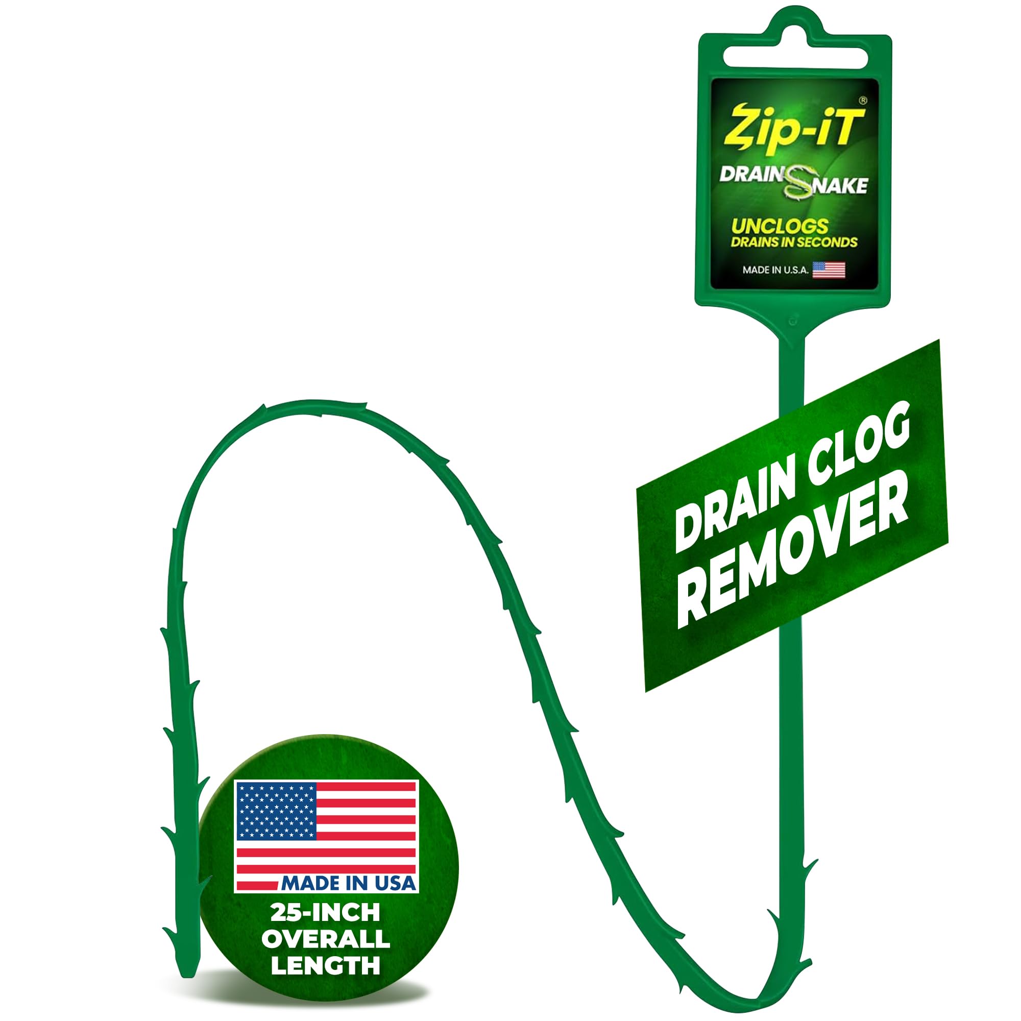 Zip-ItHair Drain Clog Remover, 25-inch Unclogger Tool for Shower, Tub & Sink - Reusable Snake Drain Hair Removal Tool, Flexible Non-toxic - Green (1-Pack)
