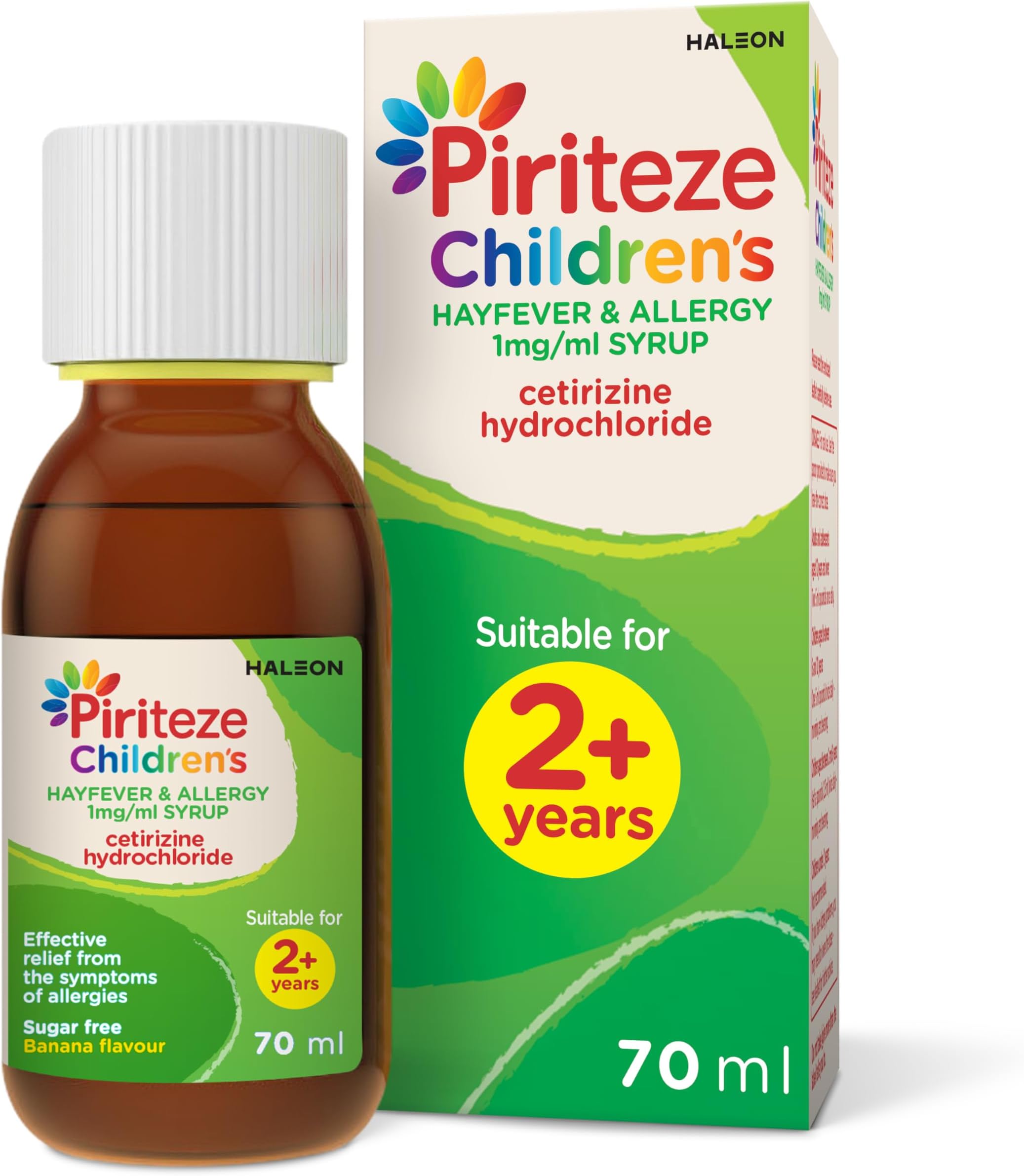 Piriteze Children’s Hayfever & Allergy Syrup. Sugar free, banana flavour syrup containing cetirizine (antihistamine). 2 years+, 70ml