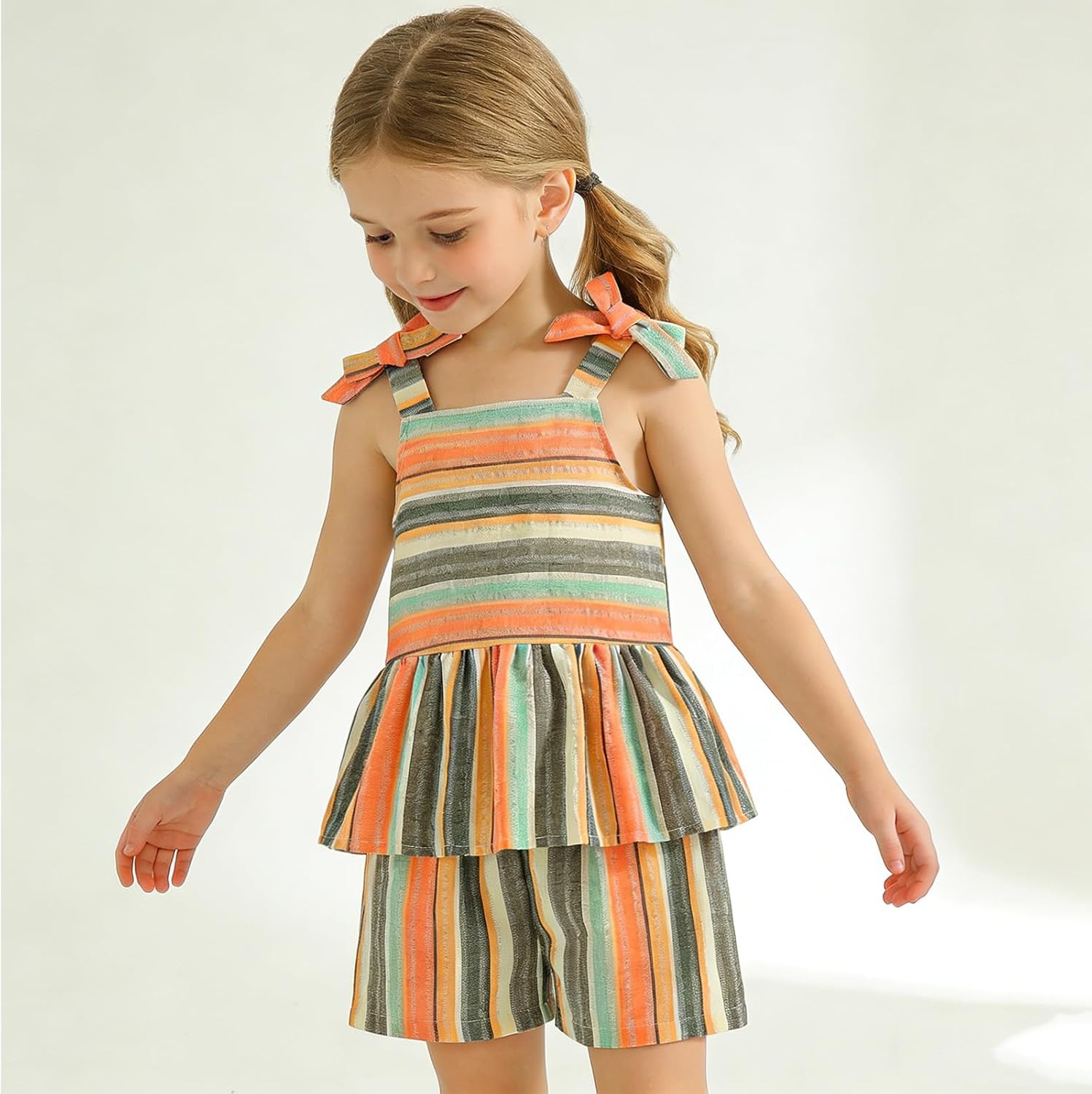 Girls Summer Outfits 2 Piece - Butterfly Bow Suspenders Top with Striped Shorts Set for Toddler Kids 2-7 Years