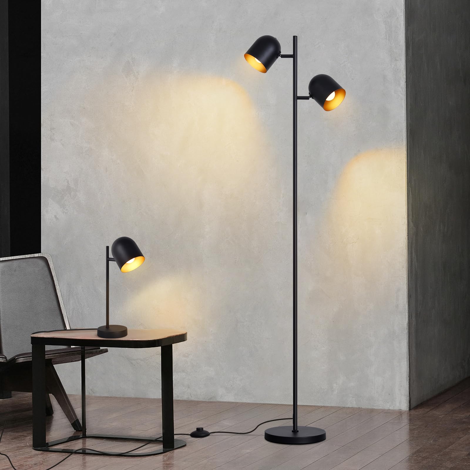 Stehlampe Vintage Wohnzimmer Stehleuchte retro: Industrial Standleuchte 2 Flammig in Schwarz Gold Standlampe aus Metall E14 Schwenkbar 350° Leselampe für Schlafzimmer - Ohne Leuchtmittel