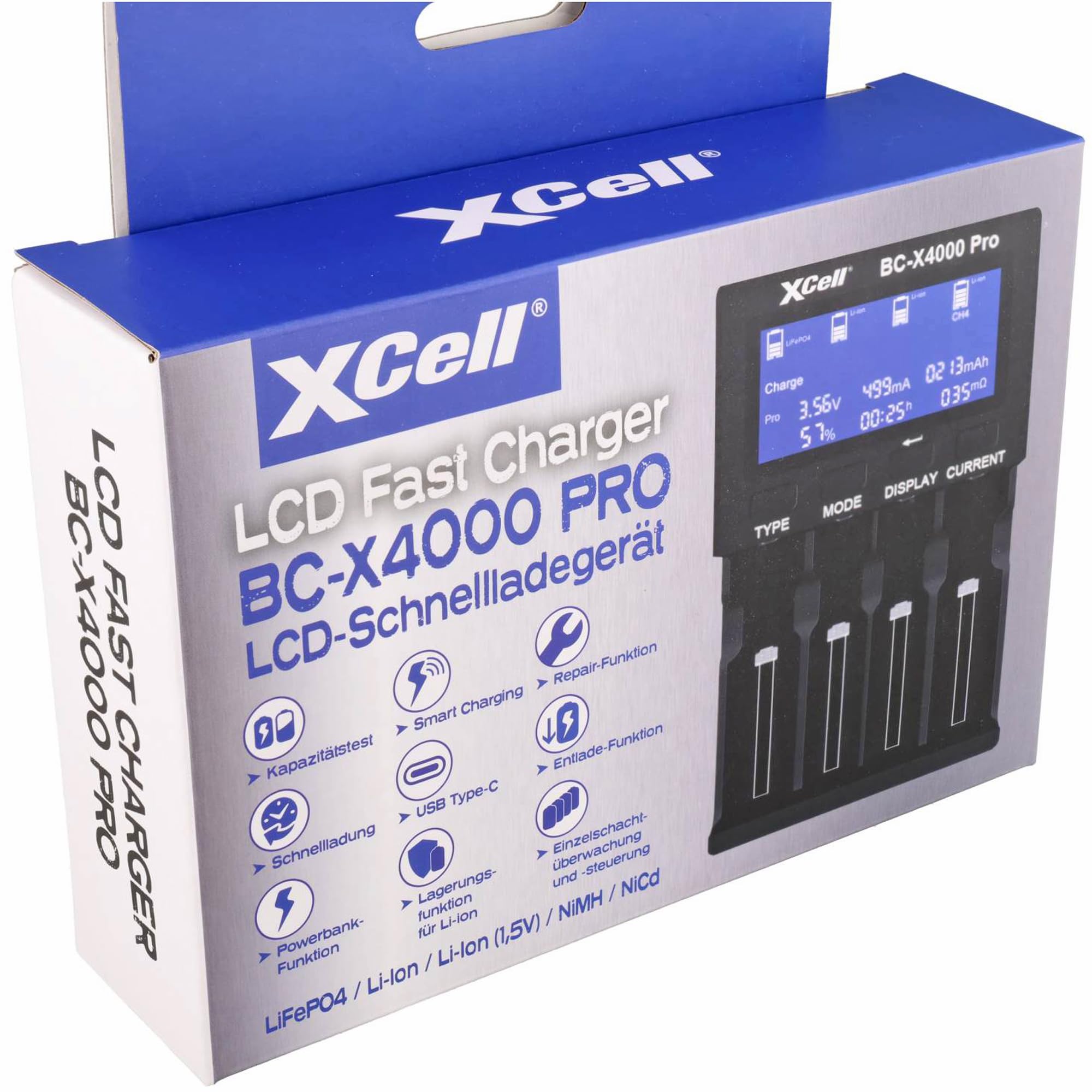 XCell Chargeur rapide LiFePO4, LiIon, NiCd, NiMH 10440, 14500, 16340, 16650, 17500, 18350, 18490, 18500, 18650, 20650,