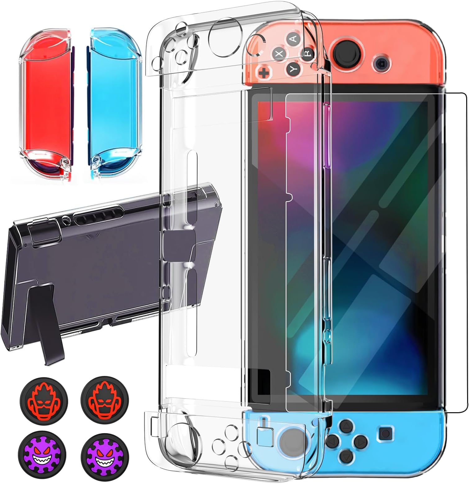 Dockable Case for Nintendo Switch with HD Screen Protector,Protective Case Hard Cover Accessories Clear JoyCon Controller with Tempered Glass for NS and 4pcs Thumb Grips Caps,Fit into The Dock Statio