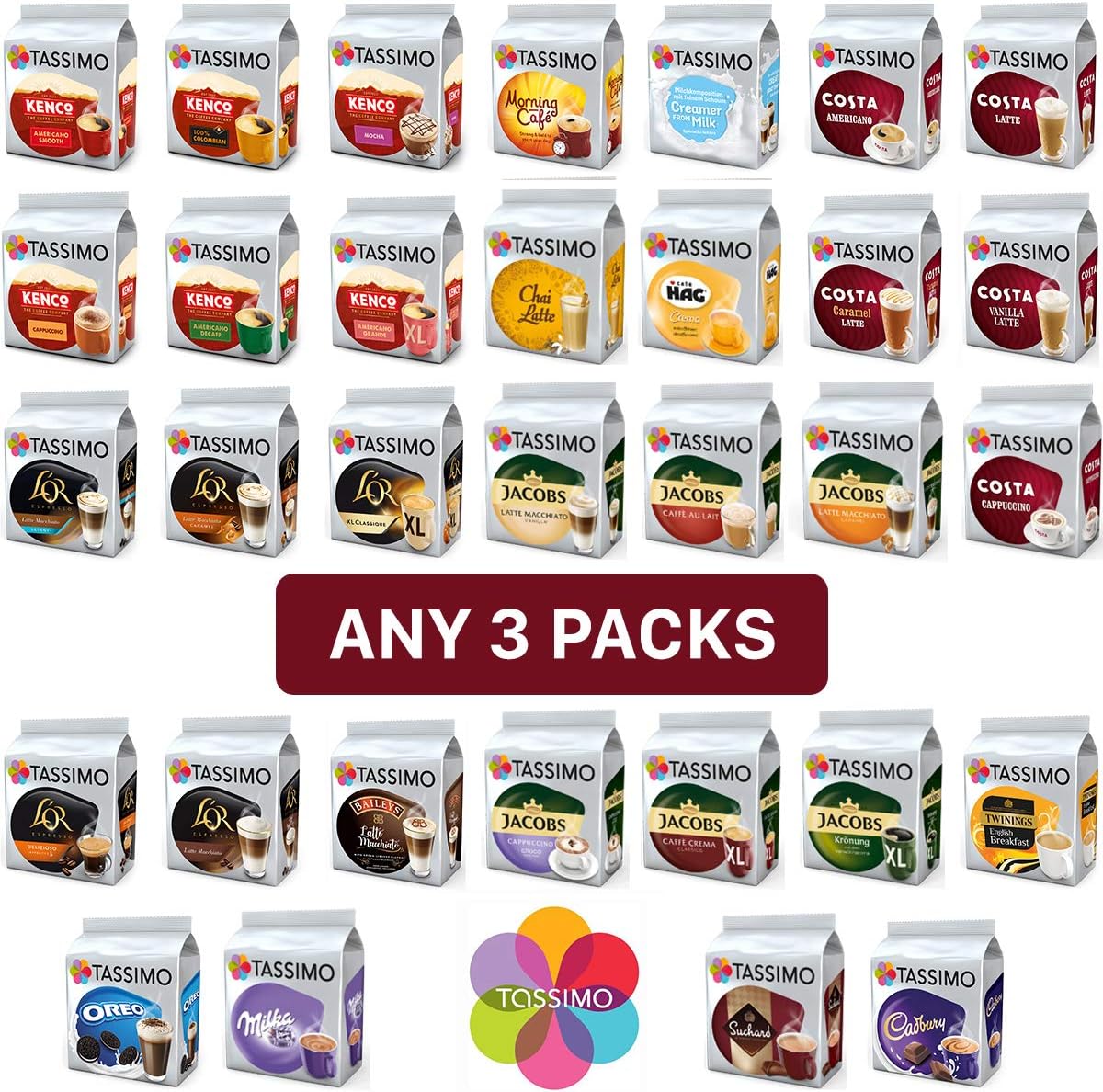 Pick Any 3 Packs of Tassimo Pods - Choose from 22 Coffee Flavours Including