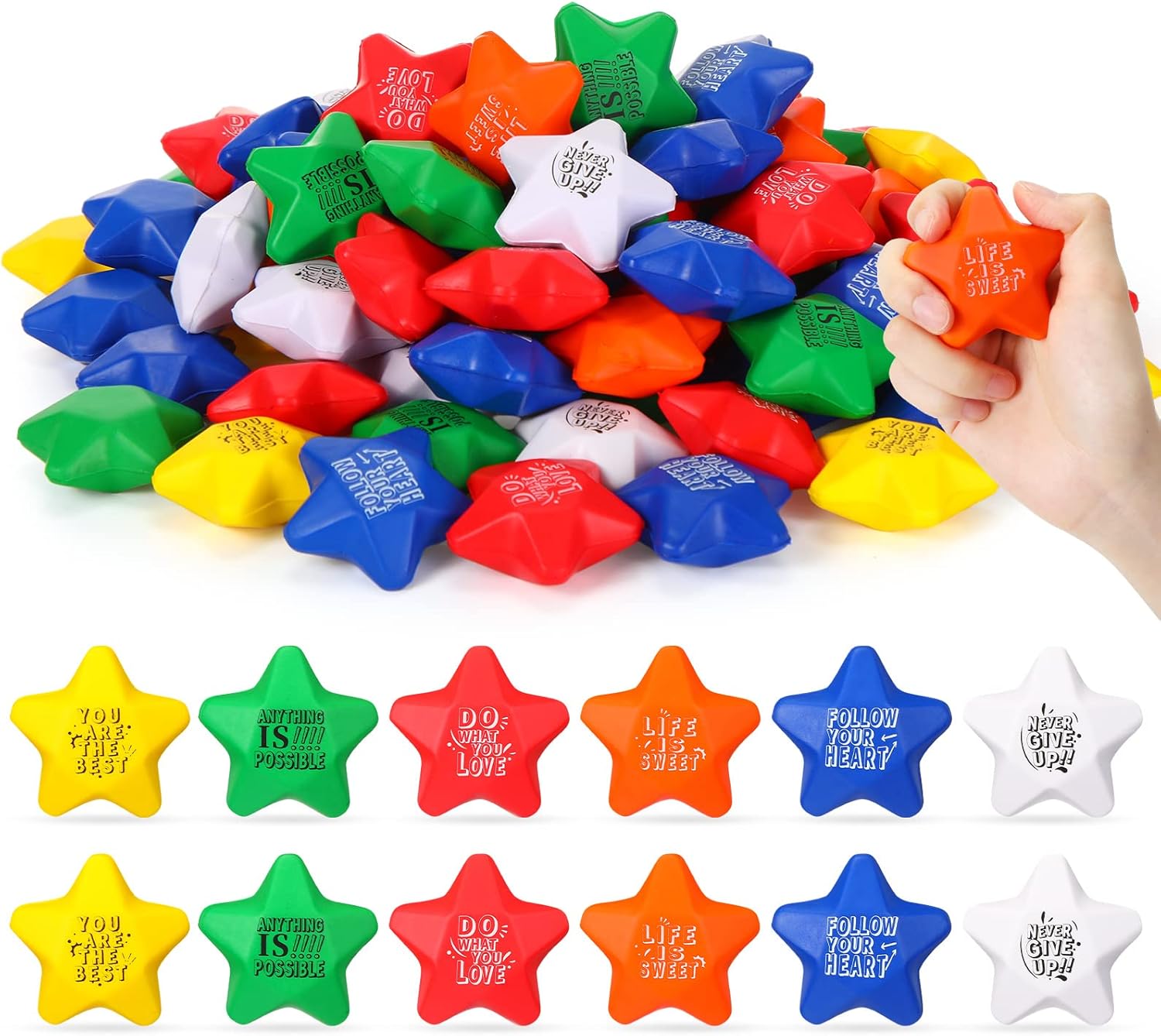 Leyndo 200 Pack Stress Balls Bulk Motivational Stress Relief Colorful Foam Squeeze Balls with Inspirational Quotes for Adults Teens Kids Relief Encouraging(Dark, Star)