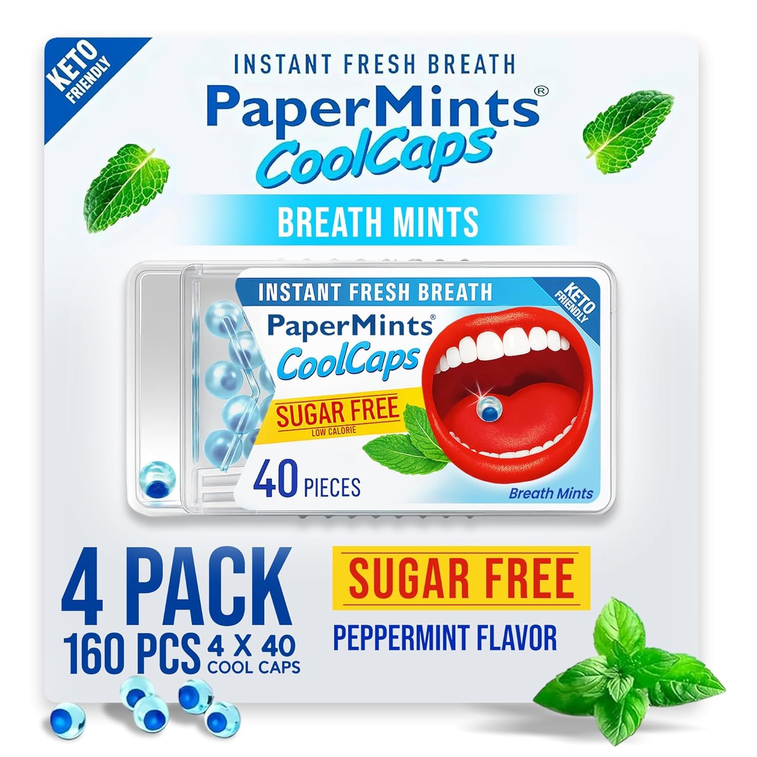 PaperMints CoolCaps - Instant Fresh Breath Mints Sugar-Free 4 Pack - 160 capsules. Extreme Bad Breath Treatment for Adults, Breath Freshener Pearls for Halitosis Treatment Keto-Friendly Peppermint