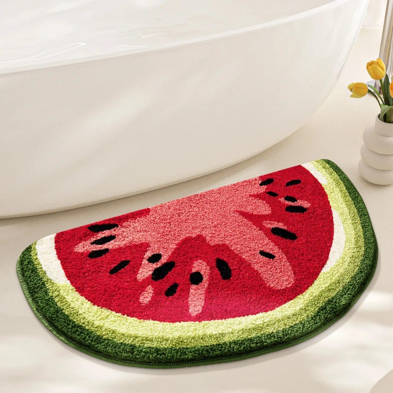 Fruit Shaped Half Circle Bath Mat – 31.5" x 18" Cute Half Circle Bathroom Rug, Soft Non-Slip Washable Mat for Shower, Sink, Tub or Entryway (Orange)