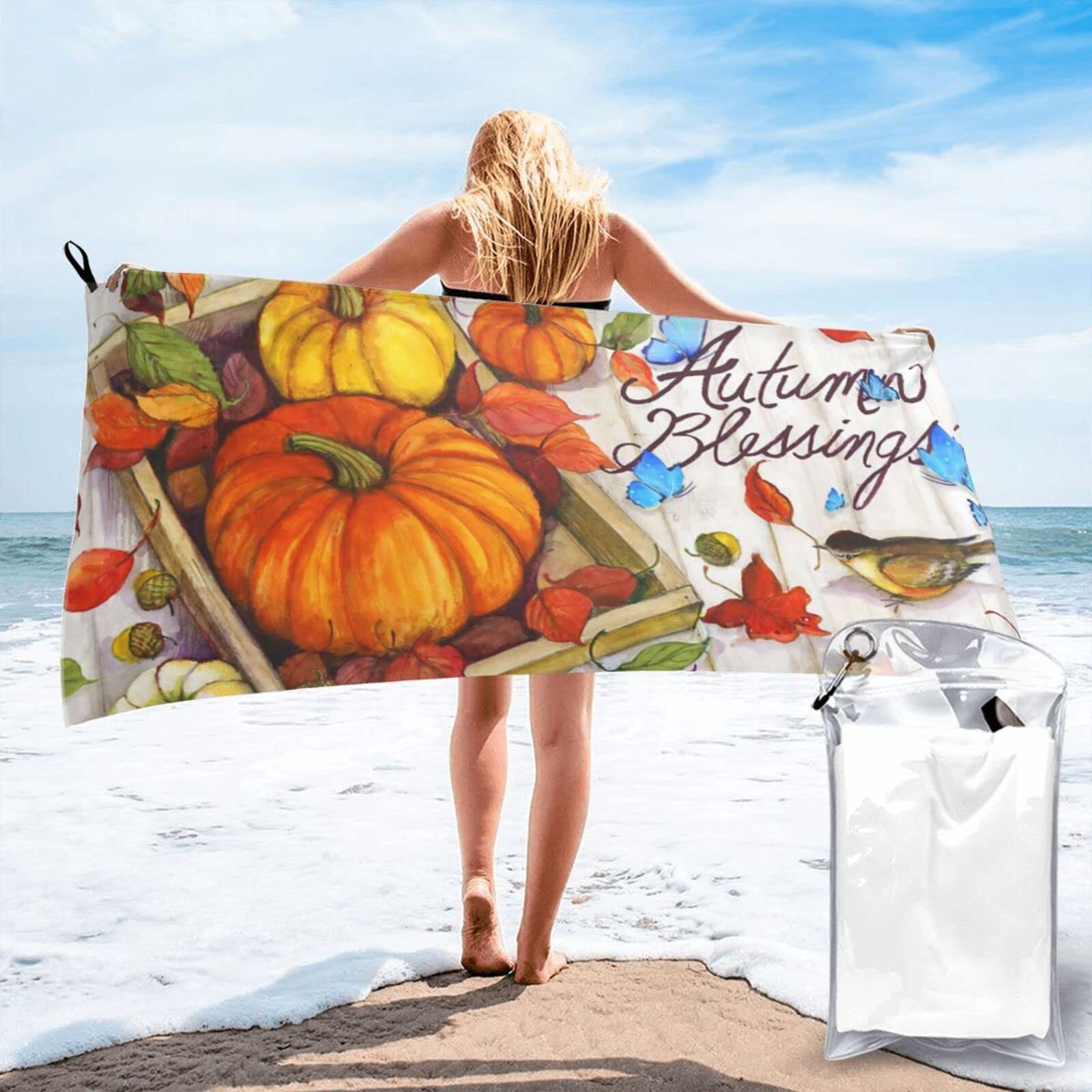 Lawenp Autumn Pumpkins Cardinal Microfiber Beach Towel Adults Large Quick Drying Bath Towel Travel Towels with Pouch 31.5"x63"