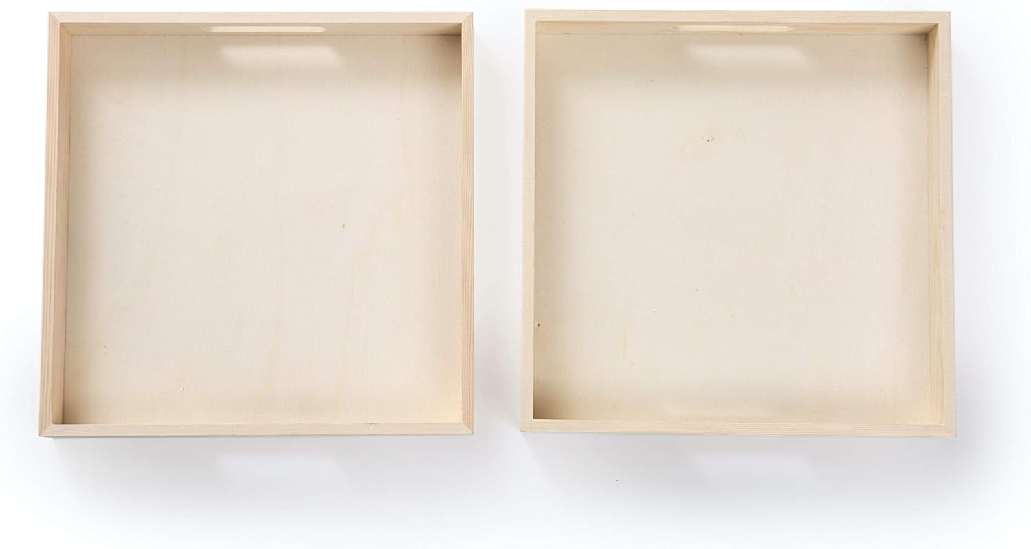 Wood Tray/Wooden Trays | Square Serving Boxes with Handles - Unfinished & Small | for Montessori Materials, Crafts to Paint, Kids, Decor, Shelf, Activity (10.5 x 10.5 x 1.5, Pack of 2)