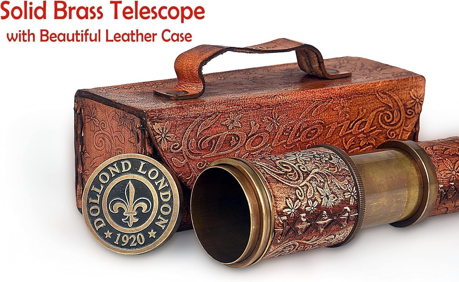 nauticalshoppee 17.5" Antique Pirate Telescope – Brass Spyglass Monocular with Carved Leather Case – Vintage Handheld Nautical Telescope for Travel, Décor, and Gifting