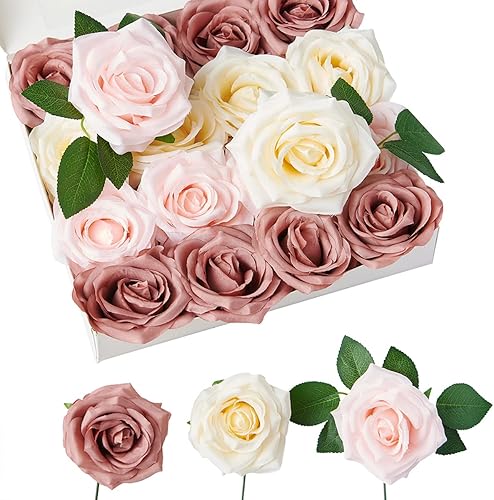 Miniatura 12 de Flores artificiales de rosa, rosa artificial, rosa falsa, rosa de seda, flores falsas de aspecto real con tallos para ramos de boda DIY, centros de