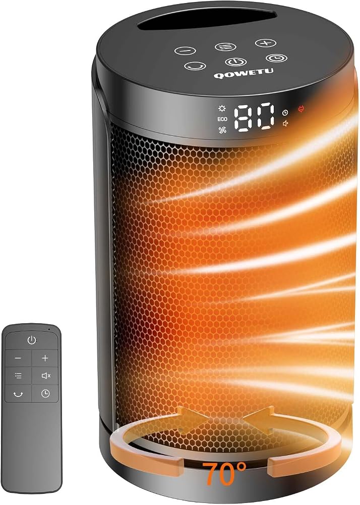 QOWETU 스페이스 히터, 실내용 1500W 휴대용 전기 히터, 리모컨이 있는 PTC 세라믹 히터, 온도 조절기, 70° 진동, 12시간 타이머, 침실용 안전하고 조용한 방 히터 — 사진 1