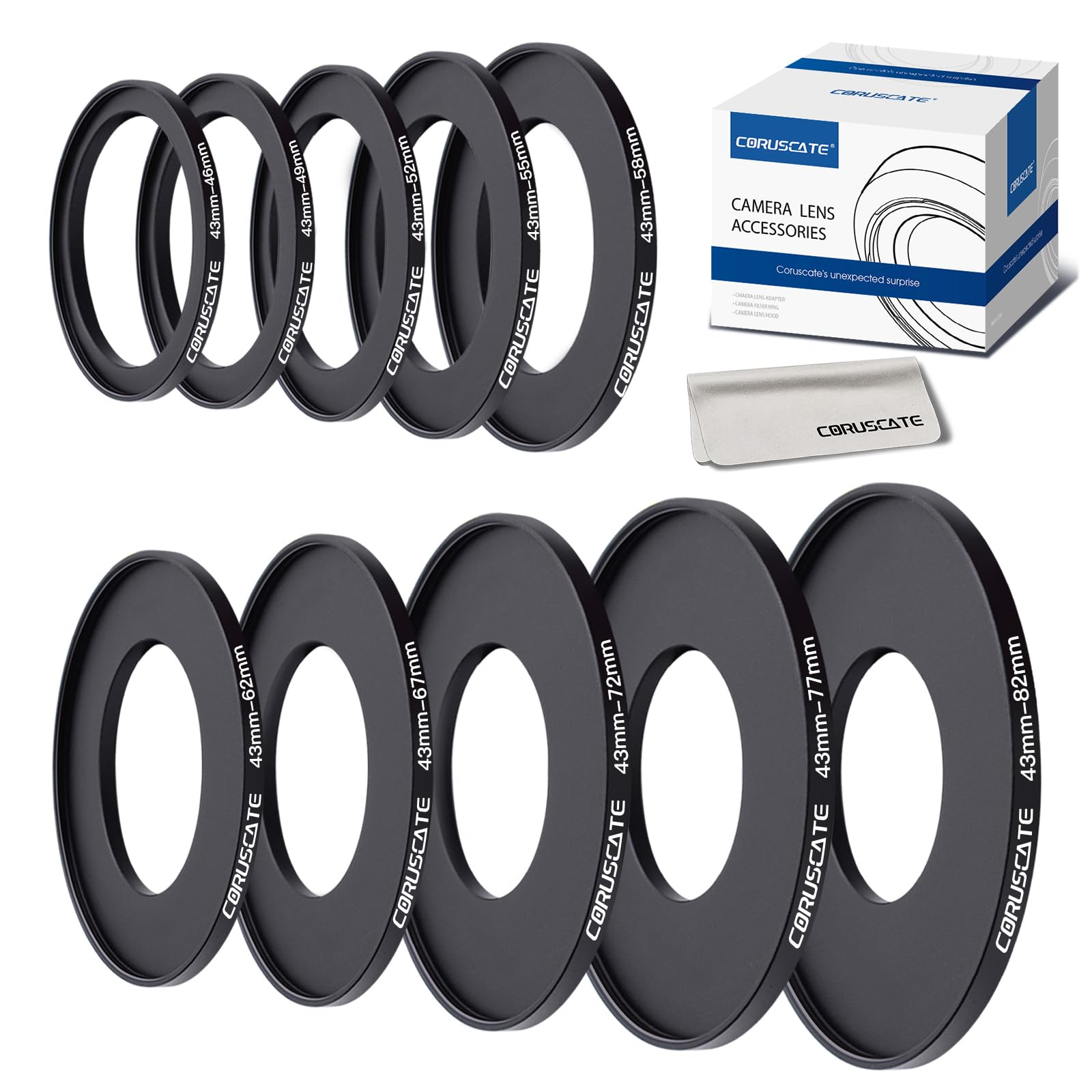 10 Stück 43mm Filterring Adapter-Set,Filter-Metall-Trittringe für alle Marken,UV ND CPL 43-46,43-49,43-52mm,43-55mm,43-58mm,43-62mm,43-67mm,43-72mm,43-77mm,43-82mm+Objektivreinigungstuch
