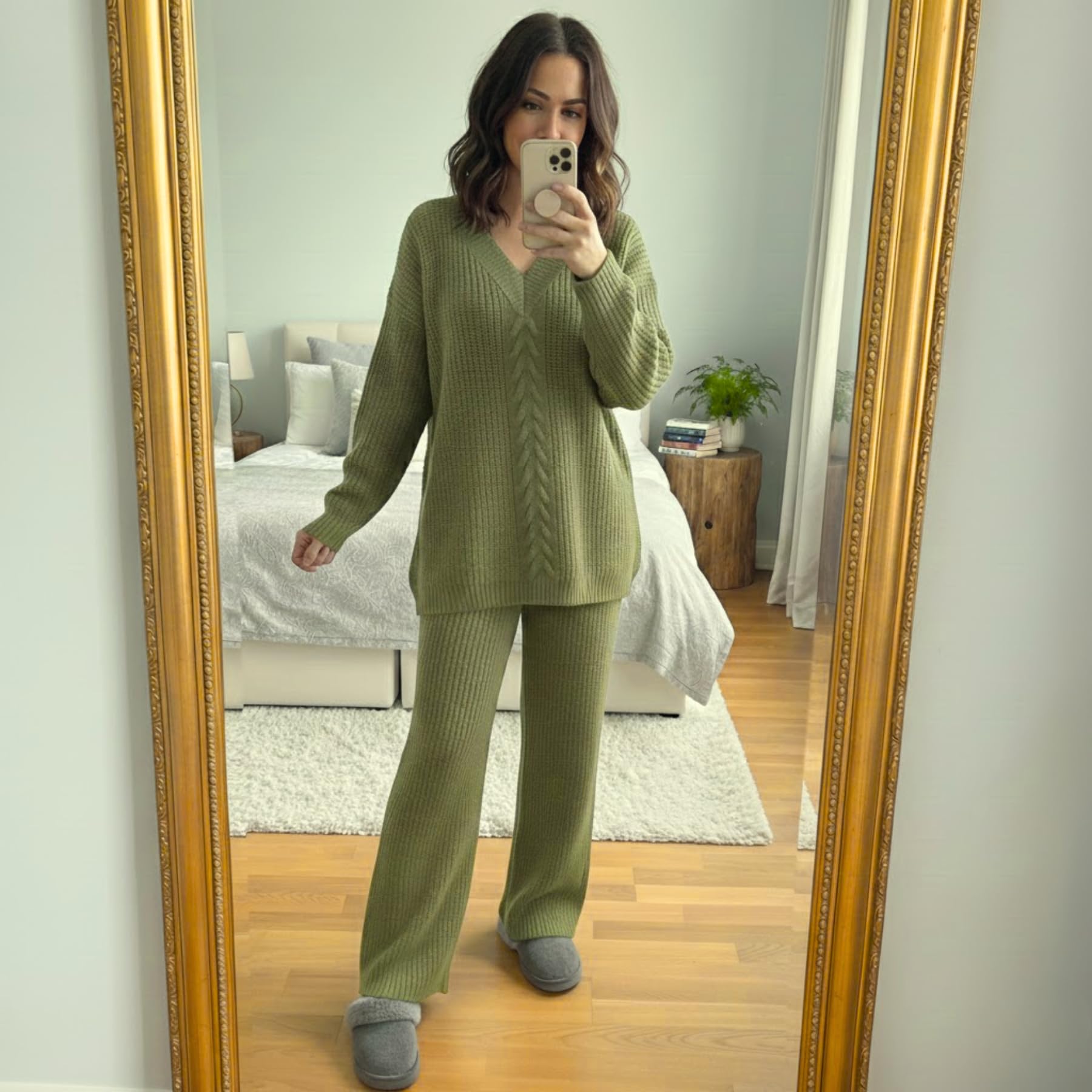 janisramone Set da donna in 2 pezzi, maglia a trecce, maglione a maniche lunghe con scollo a V e pantaloni a gamba larga, tuta per autunno e inverno, taglia 40-46