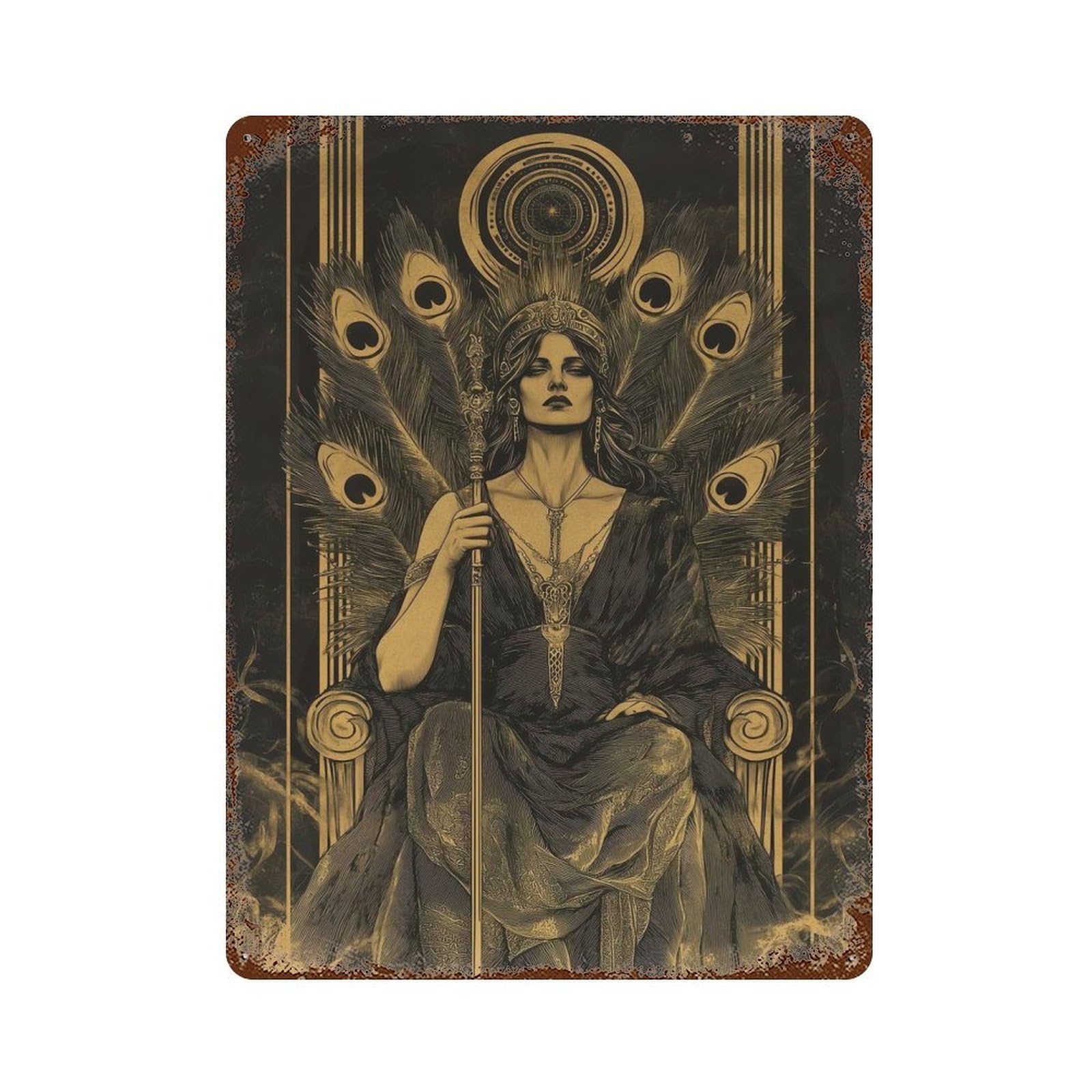 Golden Queen with Peacock Feathers Weathered Tin Sign 15.7"x11.8", Vintage Wall Decor for Garage, Pub Or Kitchen