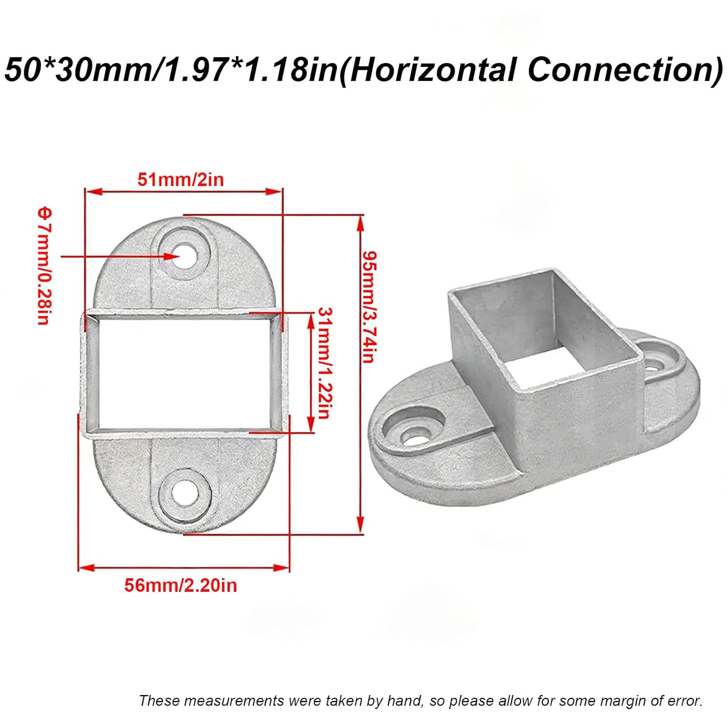 20 Pcs Aluminum Square Post Flange Anchor Base, Square Tube Wall Mount Rail End Fence Bracket Connector for Deck Railing Installation Accessories, 50 * 30mm(Horizontal Connection)