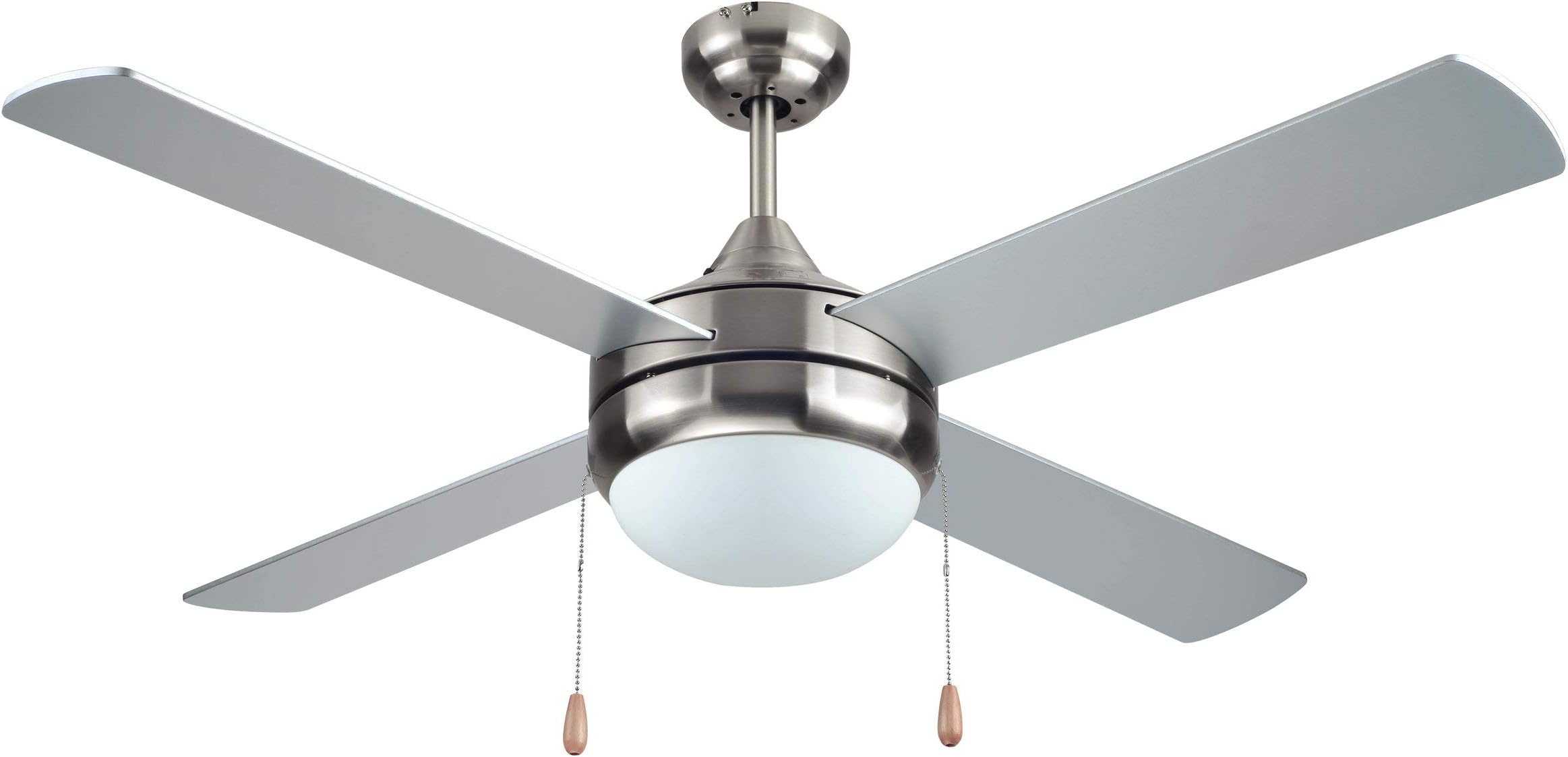 BLACK+DECKER Ceiling Fan for Rooms up to 270 Sq. Ft., Brush Nickel 52" Cooling Fan with 4 Plywood Blades, Room Fan with Pull Chain and White Frosted Glass Light