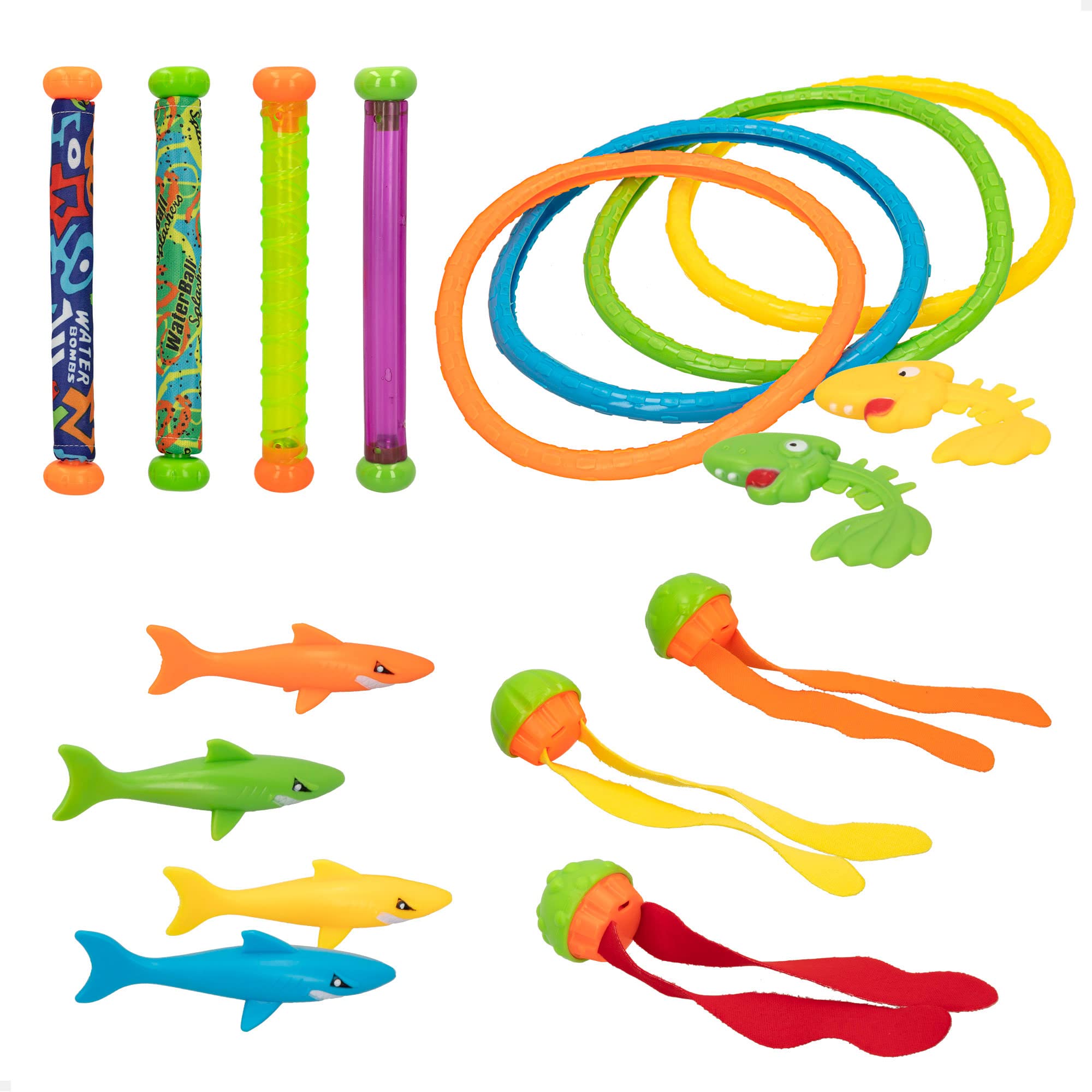COLORBABY 49536, Set juguetes buceo 17 piezas, CB Toys, Juegos para bucear en el agua, Incluye 4 palos, 4 aros, 4 tiburones, 3 torpedos y 2 peces, Jugar en piscinas, Regalos y juguetes para niños