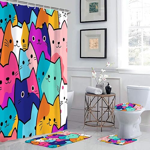 Miniatura 5 de Juego de 4 alfombras de baño y cortina de ducha para niños, bonito diseño de gato, 72 x 72 pulgadas con 12 ganchos, tapete de baño antideslizante