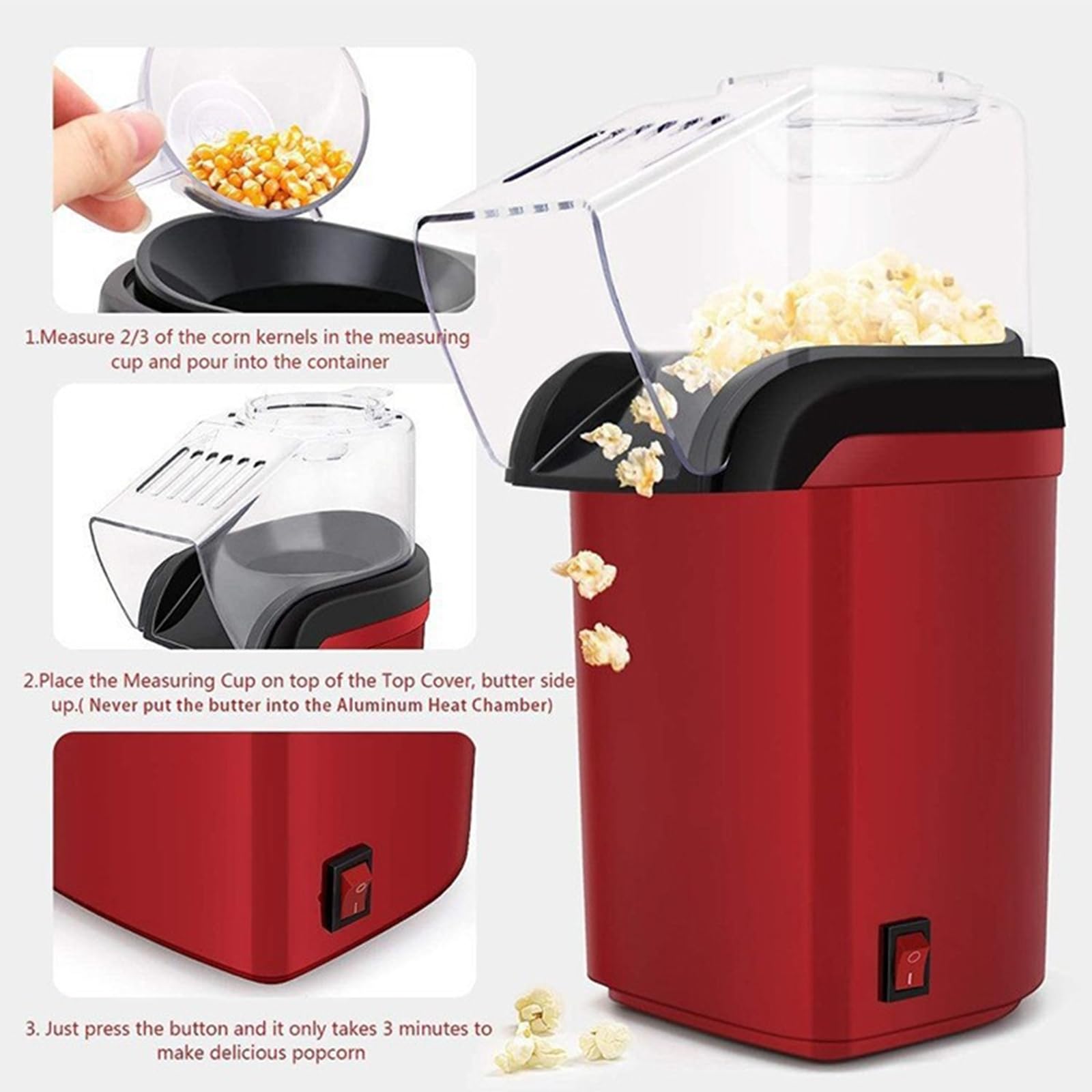 Máquina Eléctrica para Hacer Palomitas De Maíz, Palomitero Aire Caliente con Tapa Superior Transparente, Base Antideslizante, Gran Potencia 1200 W Y Amplia Capacidad De 1 L para Fiestas En Casa