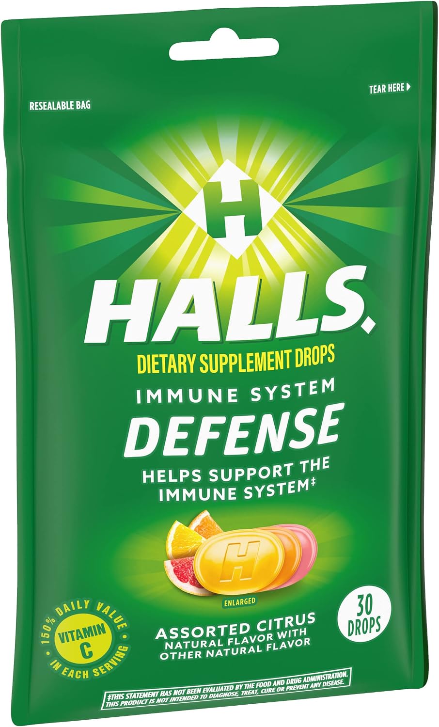HALLS Defense Assorted Citrus Vitamin C Drops, Dietary Supplement Drops, 30 Drops