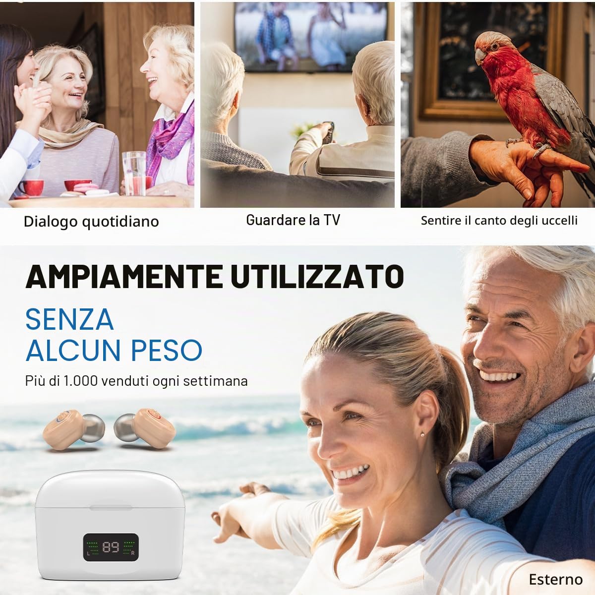 Amplificatore acustico digitale - Amplificatore audio per migliorare l'udito personale con una durata di oltre 500 ore, include un dispositivo destro e sinistro (rosso e blu)