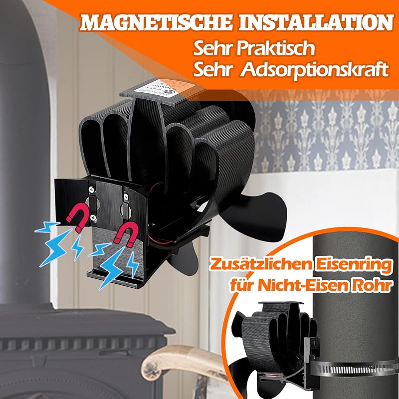 CWLAKON Mágneses Kályha Ventilátor Hőmérővel, Áramszükséglet Nélküli Kandallóventilátor